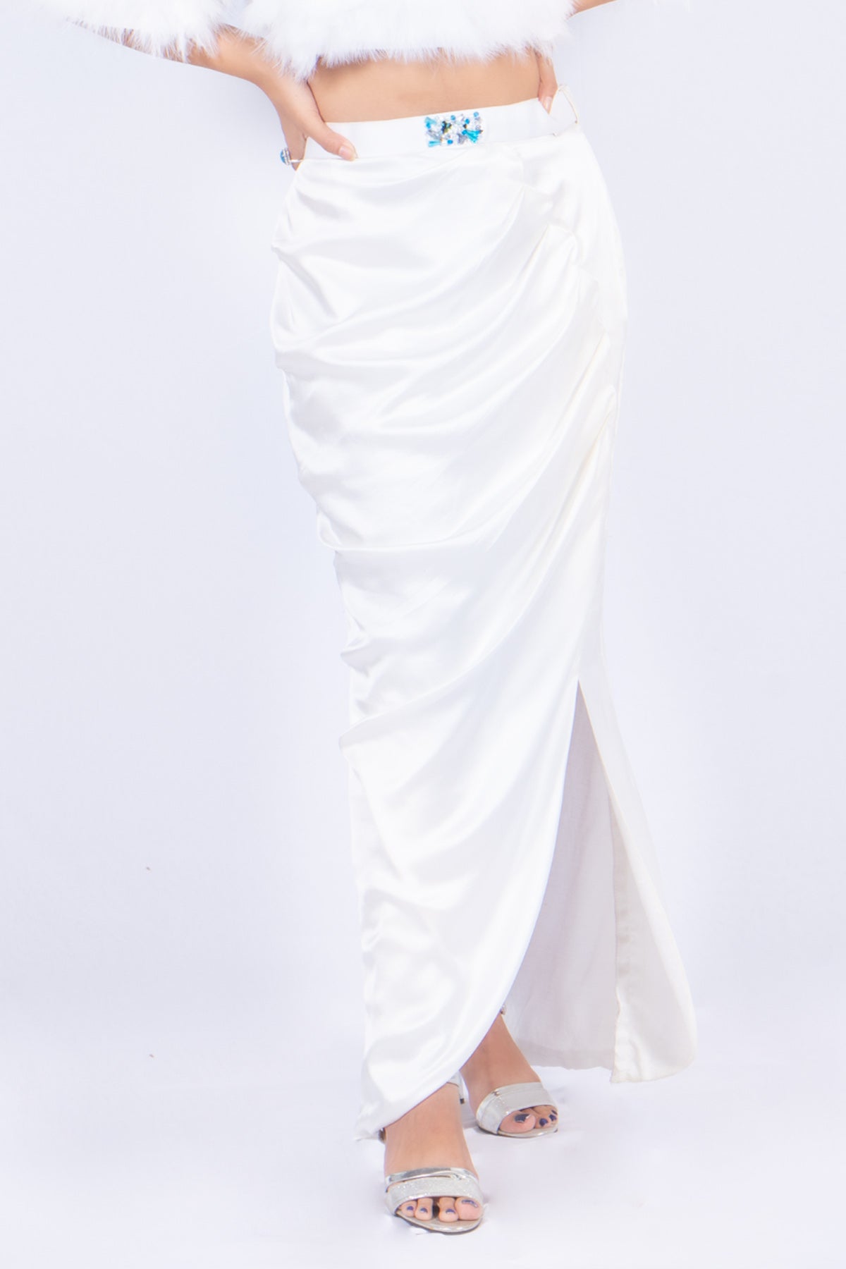 Etti Kapoor White Satin Drape Scallop Skirt Online