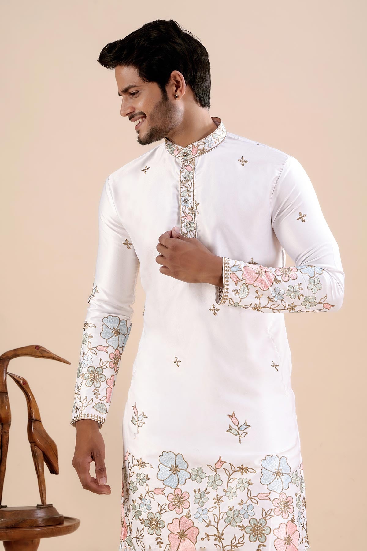 White Satin Embroidered Kurta