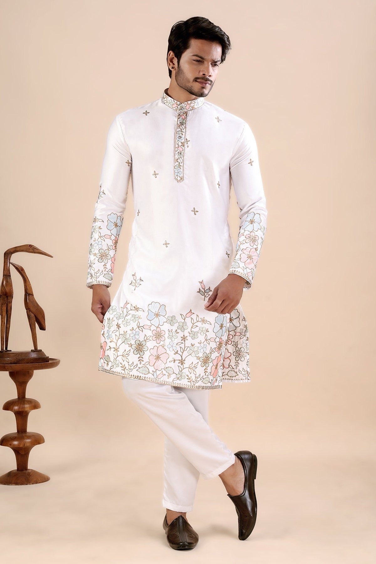 Buy White Satin Embroidered Kurta for men by Aastha Fashion online available at scrollnshops