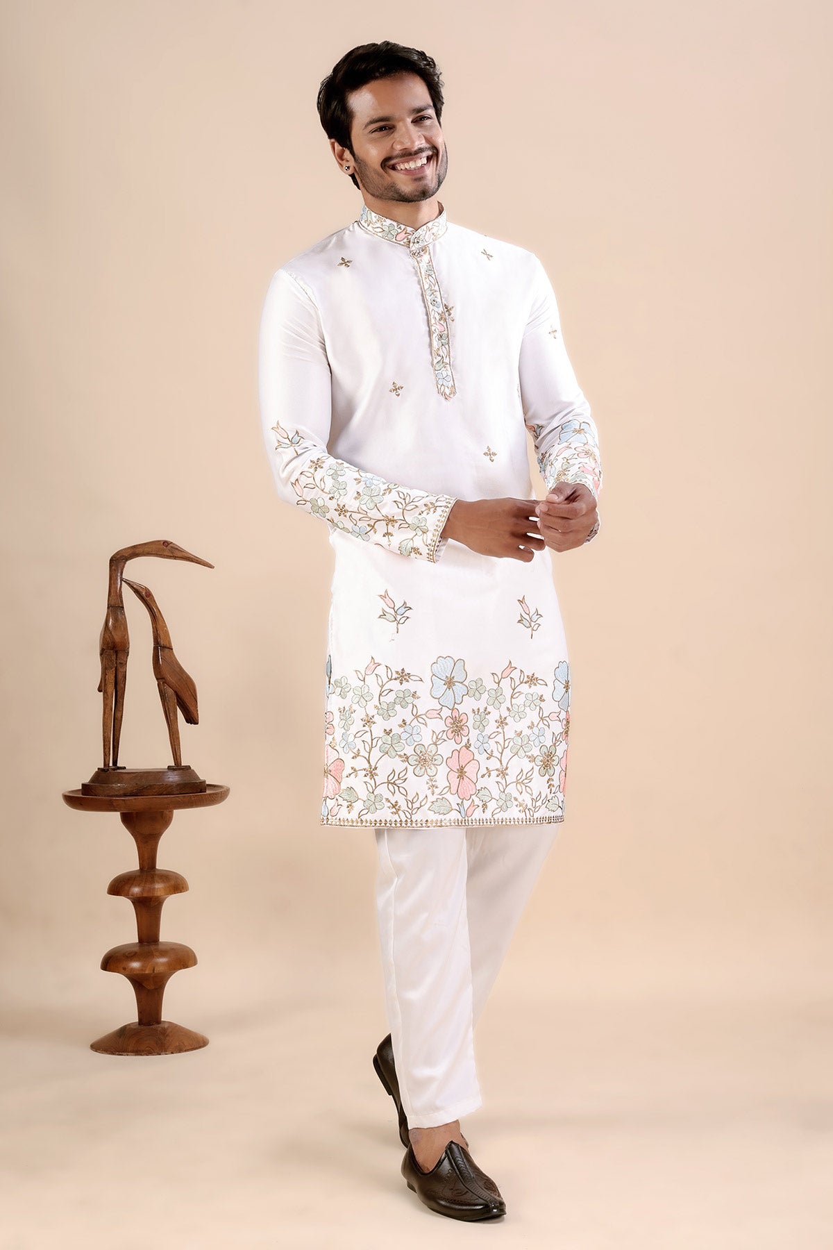 White Satin Embroidered Kurta
