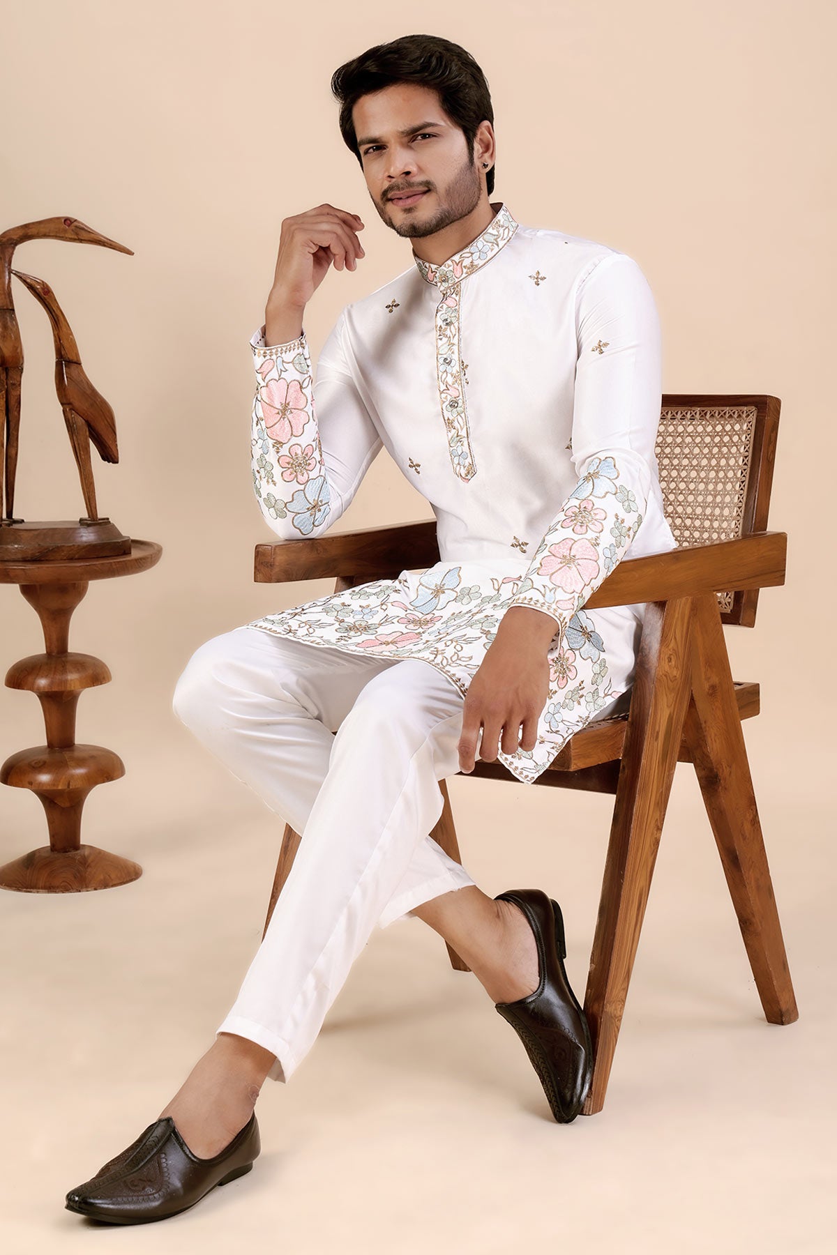 White Satin Embroidered Kurta