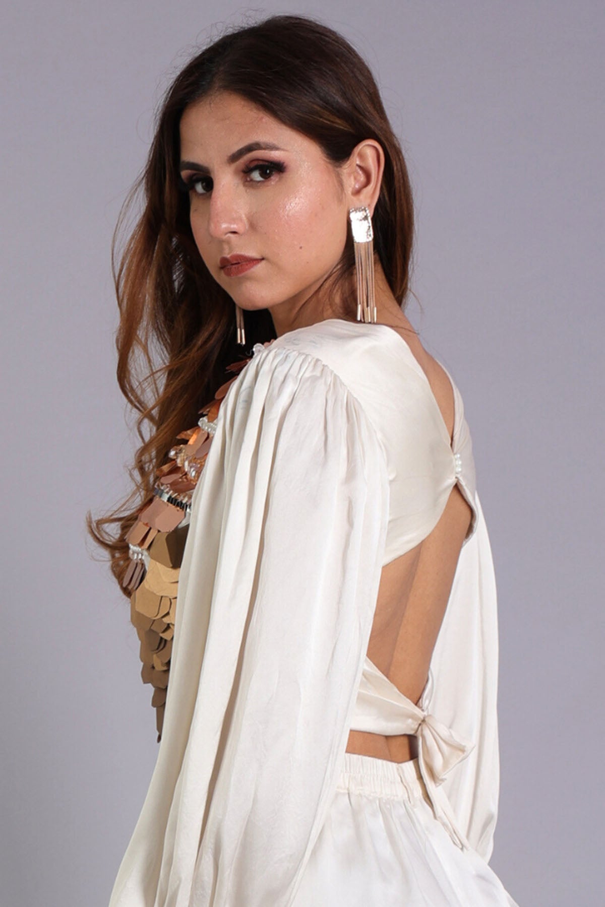 White Satin Gold Sequence Top