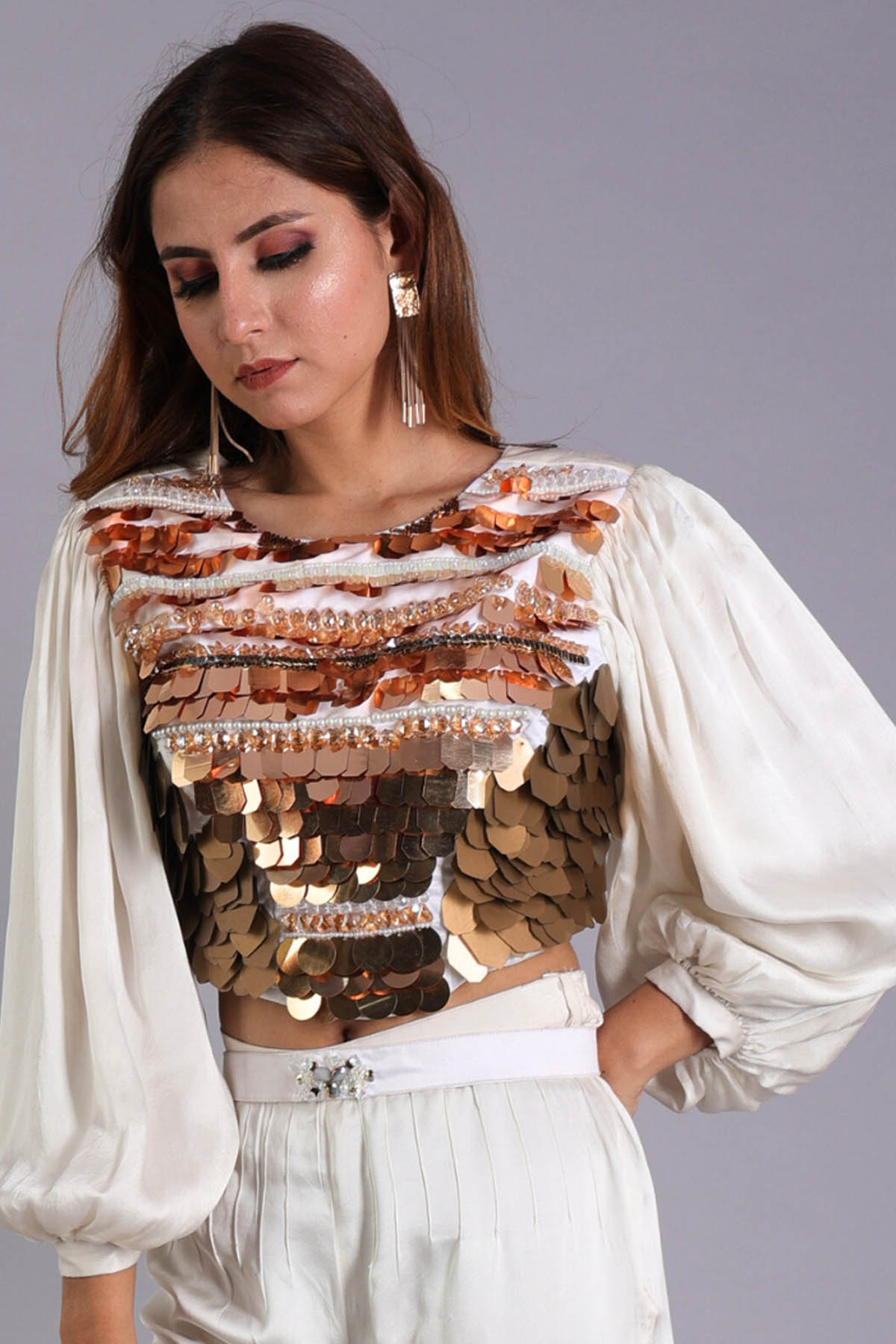 Etti Kapoor White Satin Gold Sequence Top Online