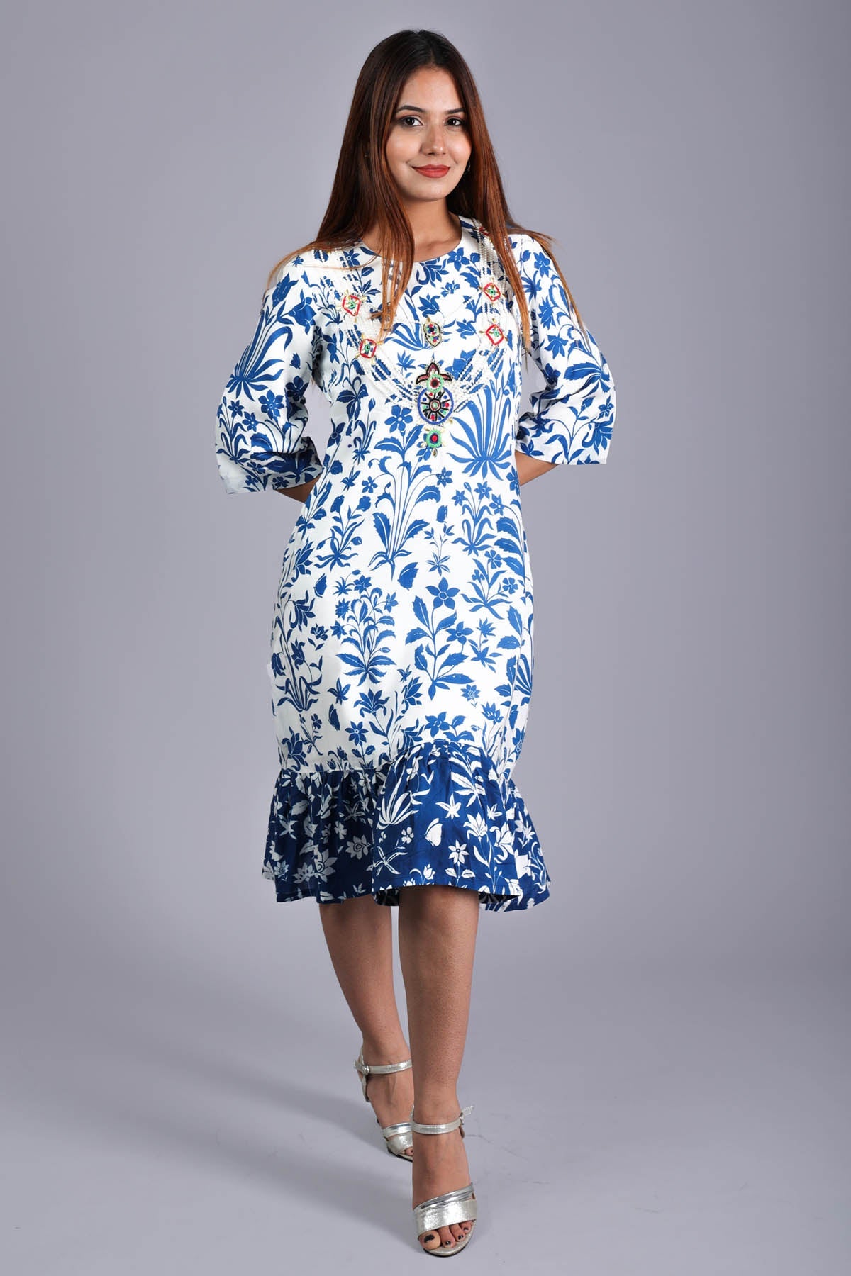 Etti Kapoor White Satin Print Frill Dress Online