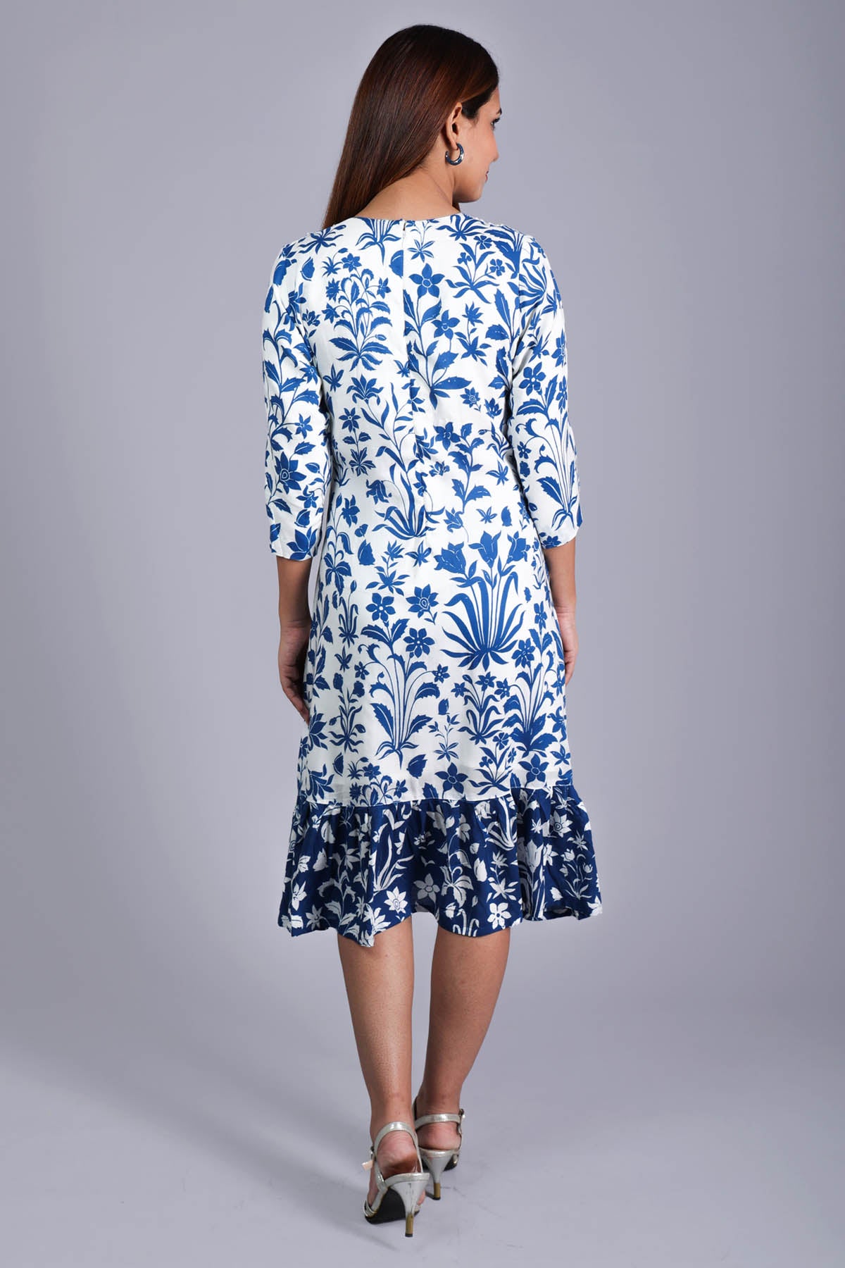 White Satin Print Frill Dress