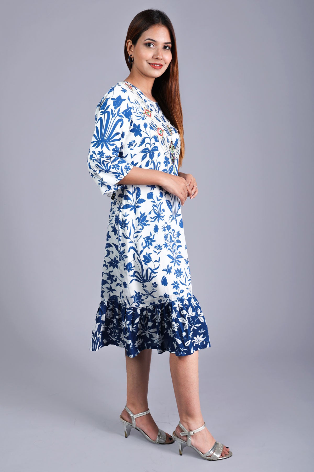 White Satin Print Frill Dress