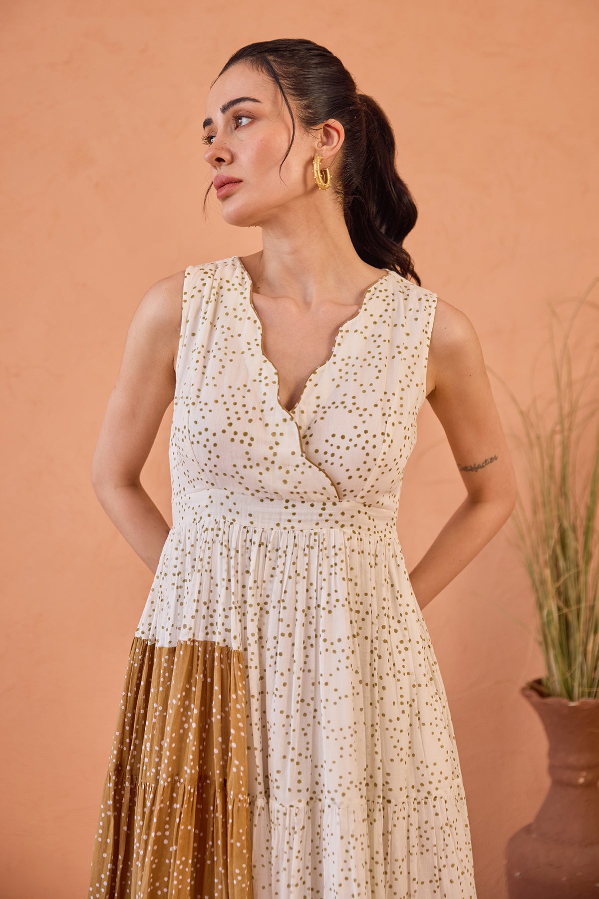 White Scalloped Neck Midi Dress