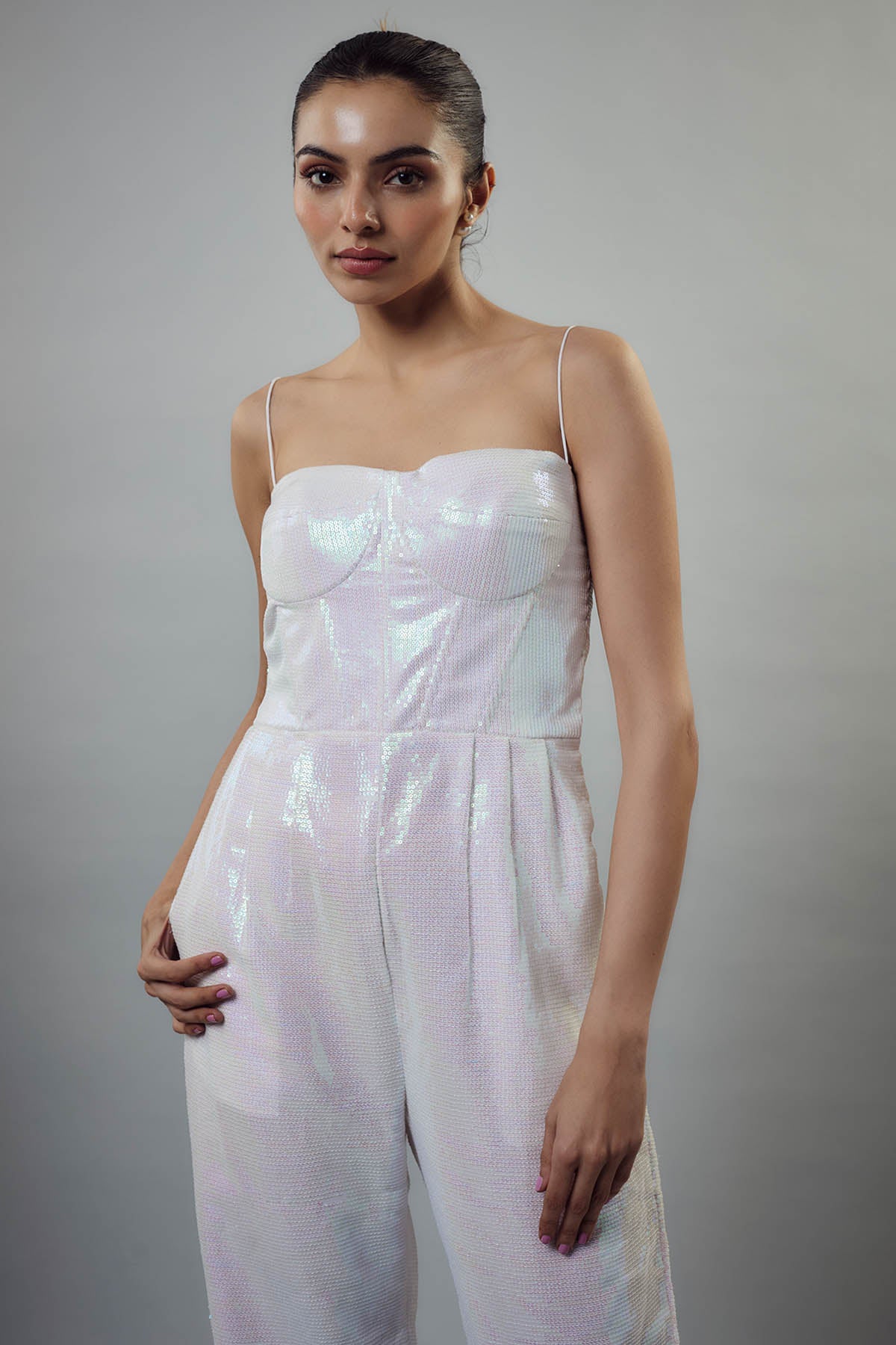 White Sequins Corset Jumpsuit