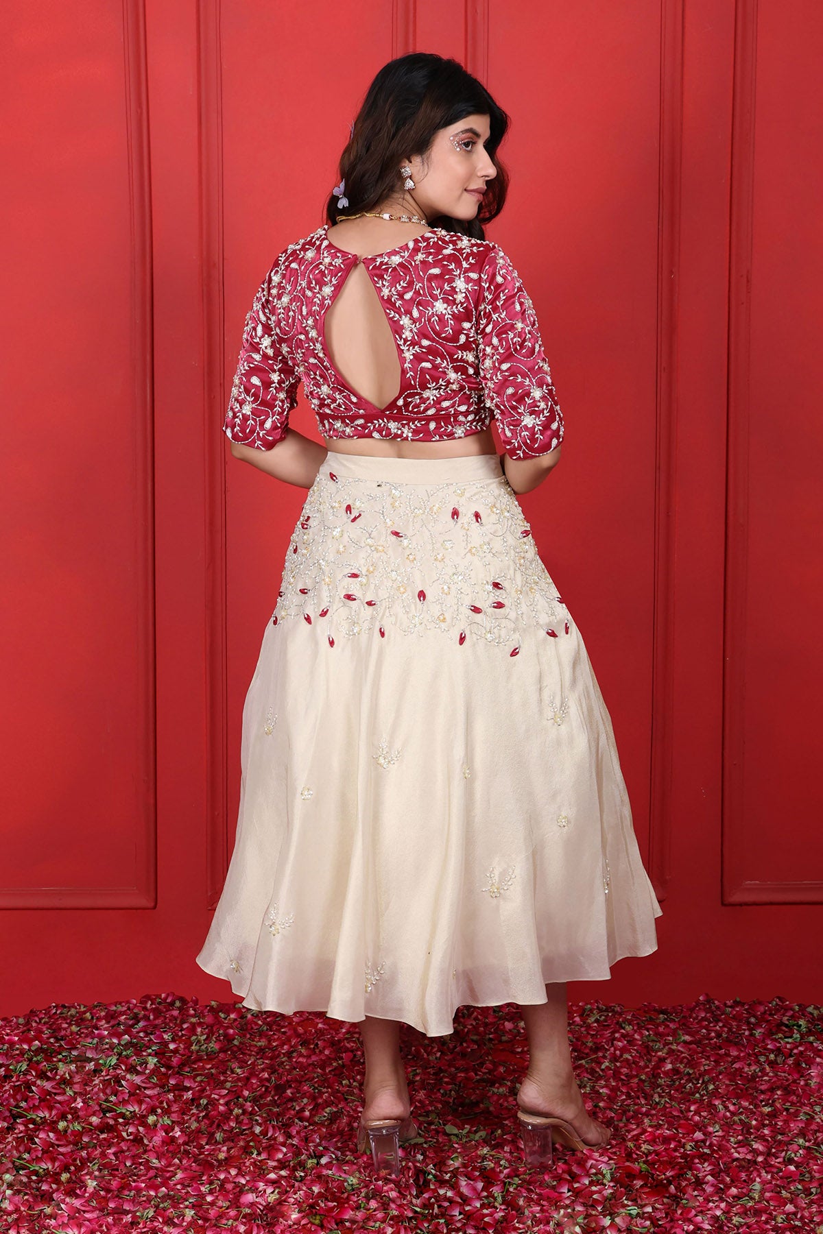 White Sequins Short Lehenga Set