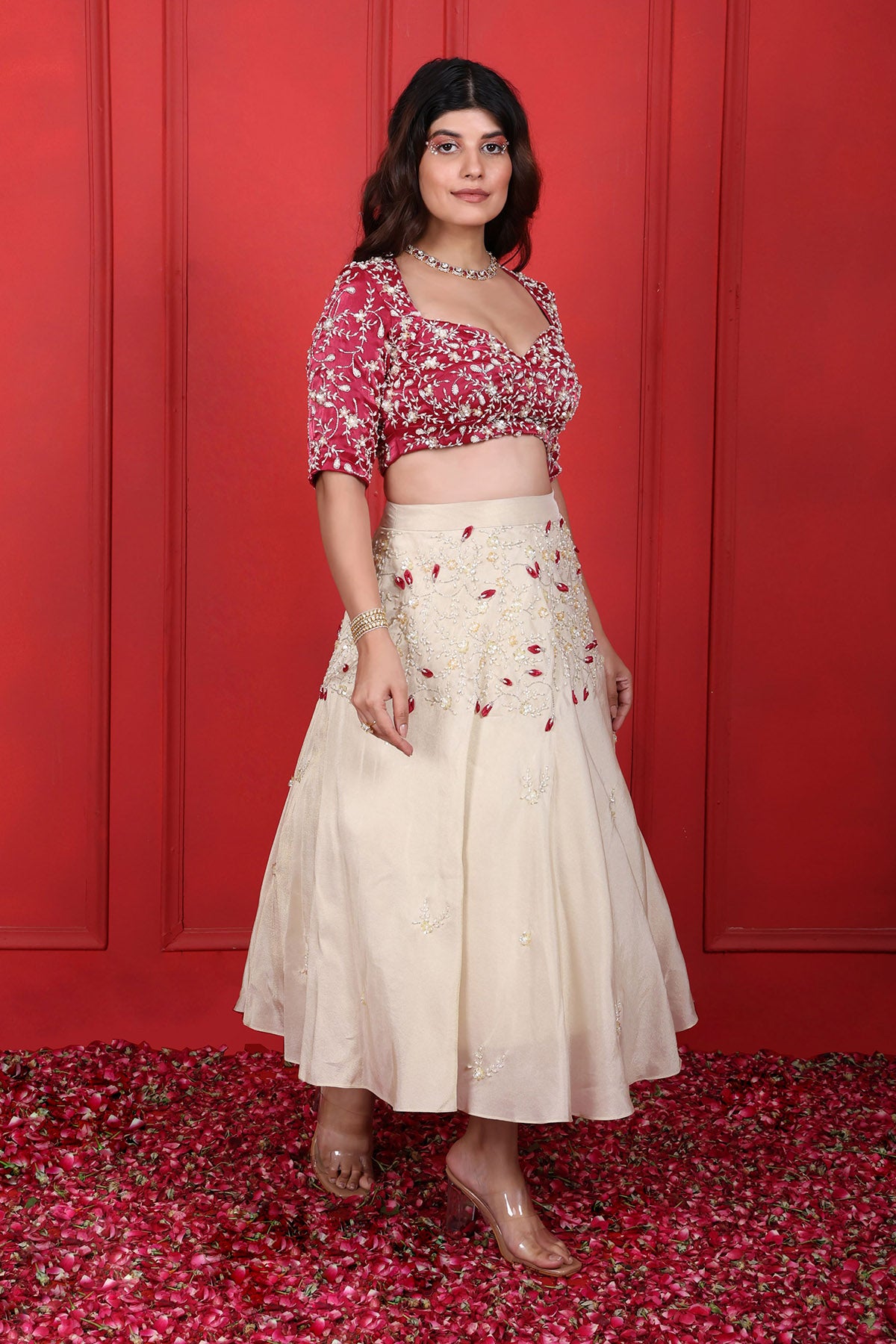 White Sequins Short Lehenga Set