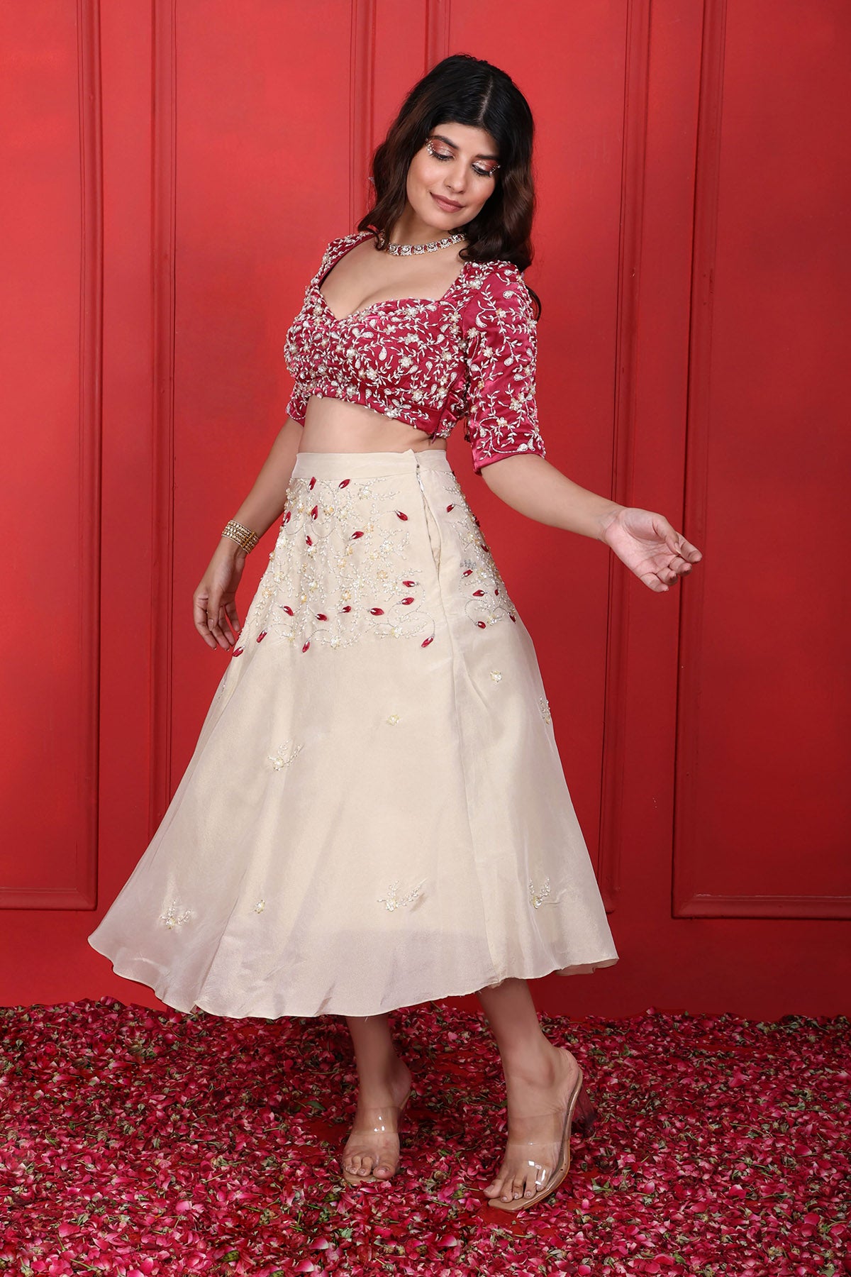 White Sequins Short Lehenga Set