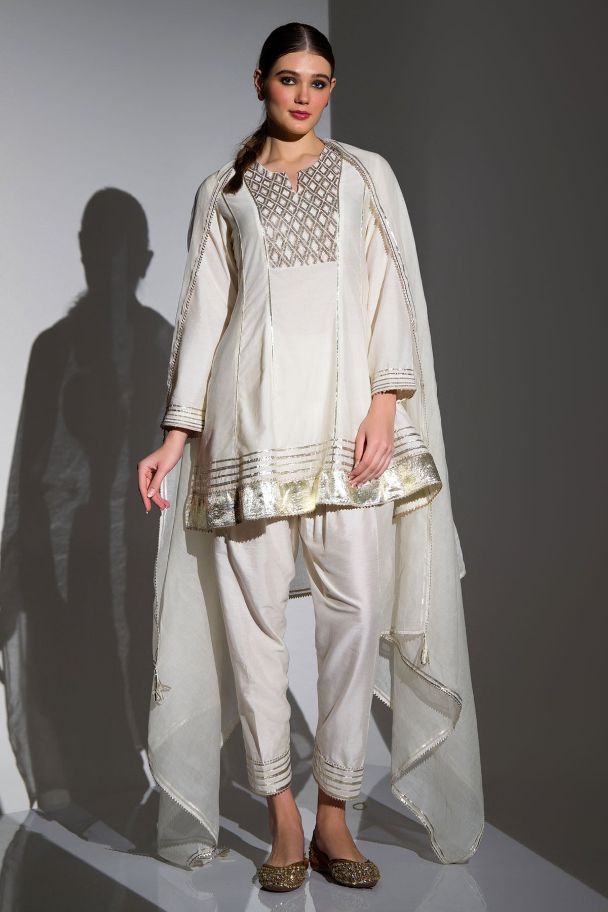 Buy Rasha White Silk Short Kalidar Set for Women Online at ScrollnShops