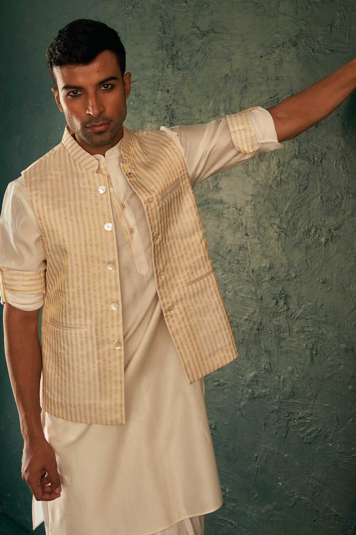 Buy White Silk Tissue Nehru Jacket by Charkhee for men online at ScrollnShops