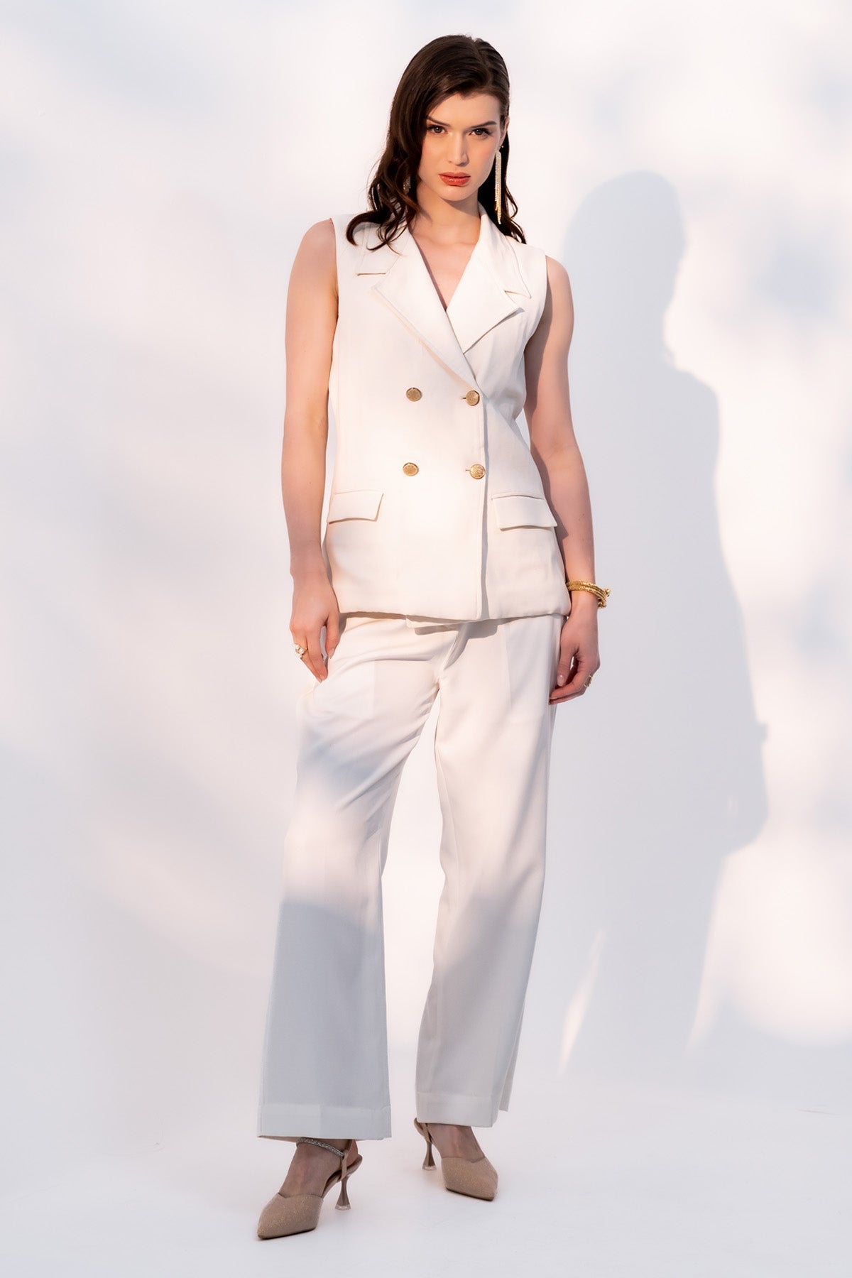 Enness Studio White Sleeveless Blazer & Pants for women online at ScrollnShops