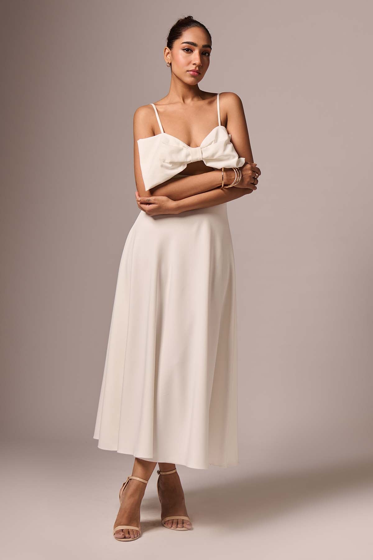 White Sleeveless Bow Midi Dress