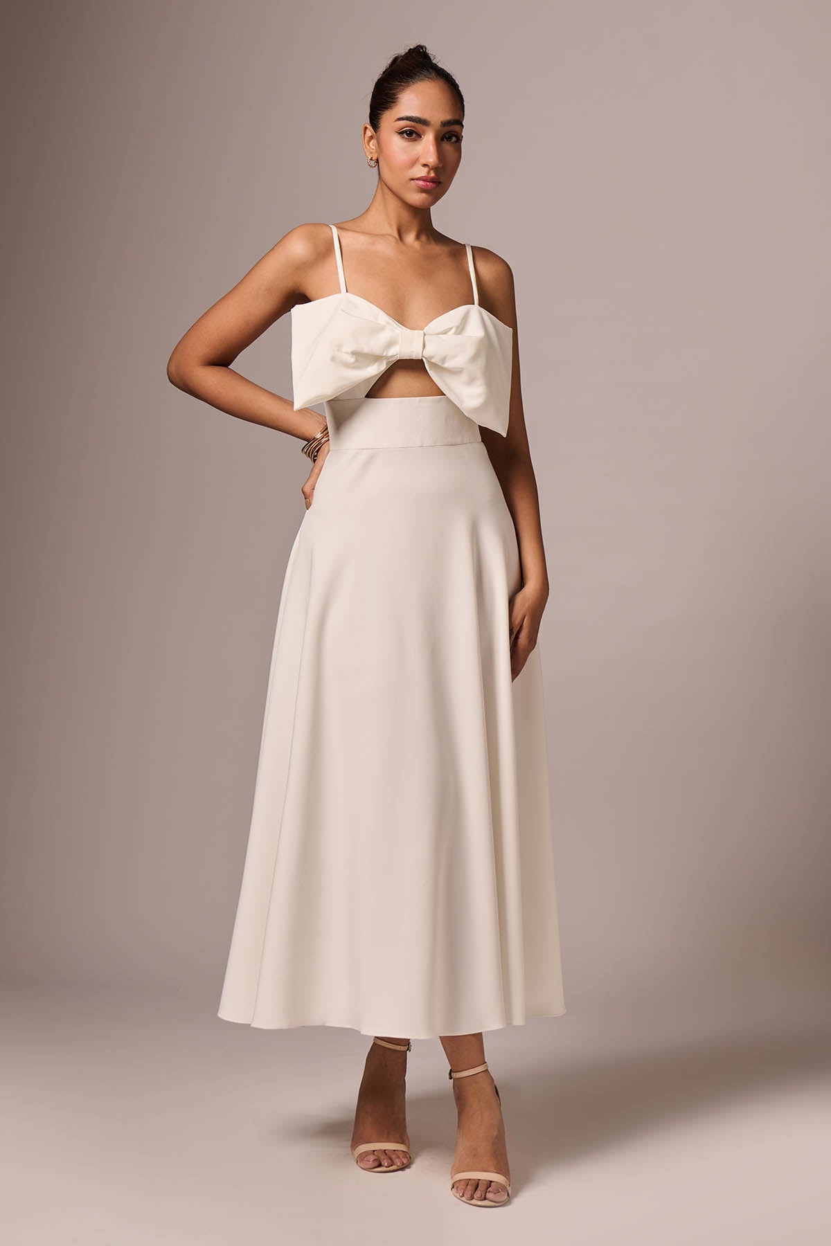 Buy White Sleeveless Bow Midi Dress by Emblaze for women online at ScrollnShops