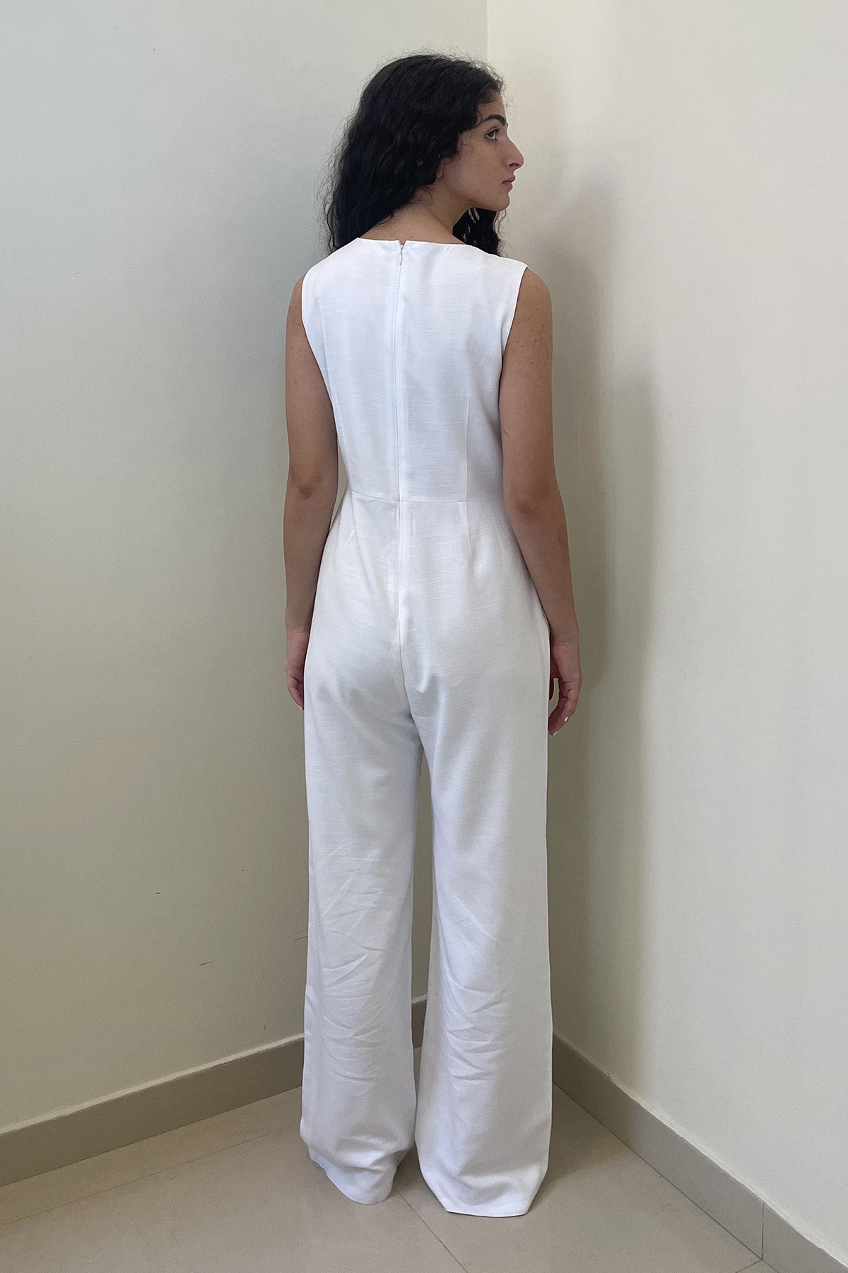 White Sleeveless V-Neck Jumpsuit