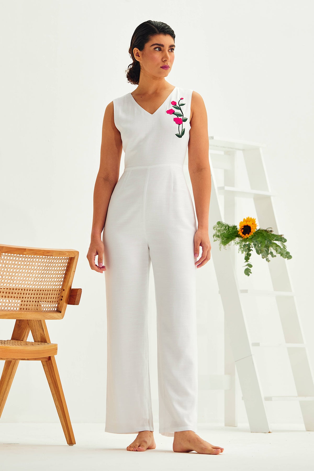White Sleeveless V-Neck Jumpsuit
