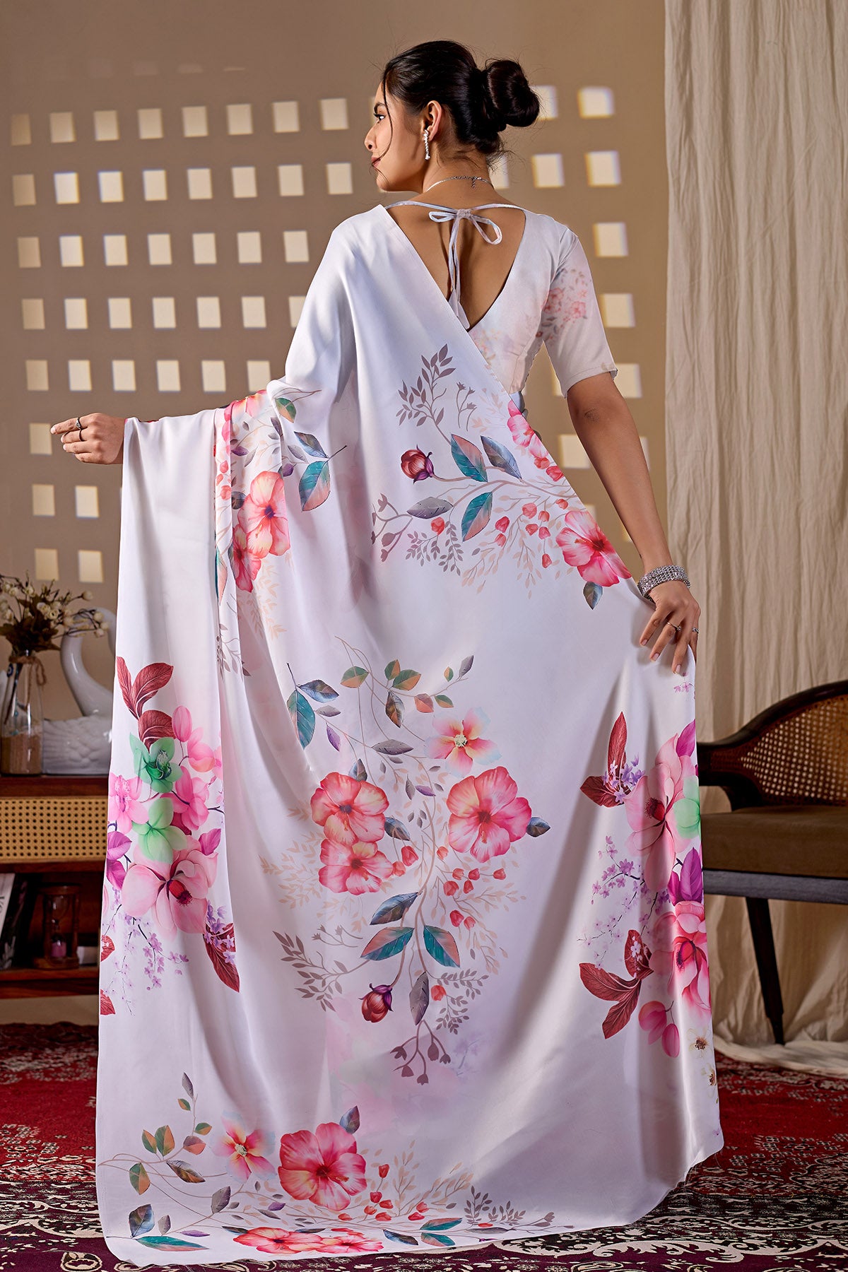 White Soft Satin Digital Saree