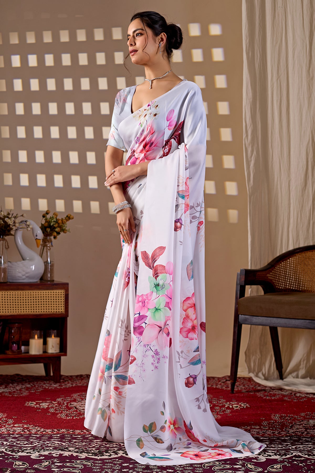 White Soft Satin Digital Saree