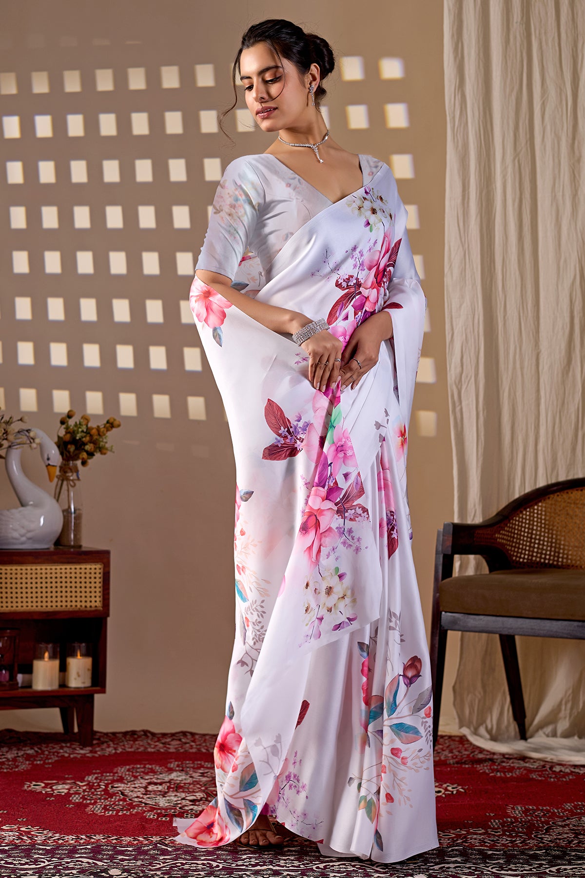 White Soft Satin Digital Saree