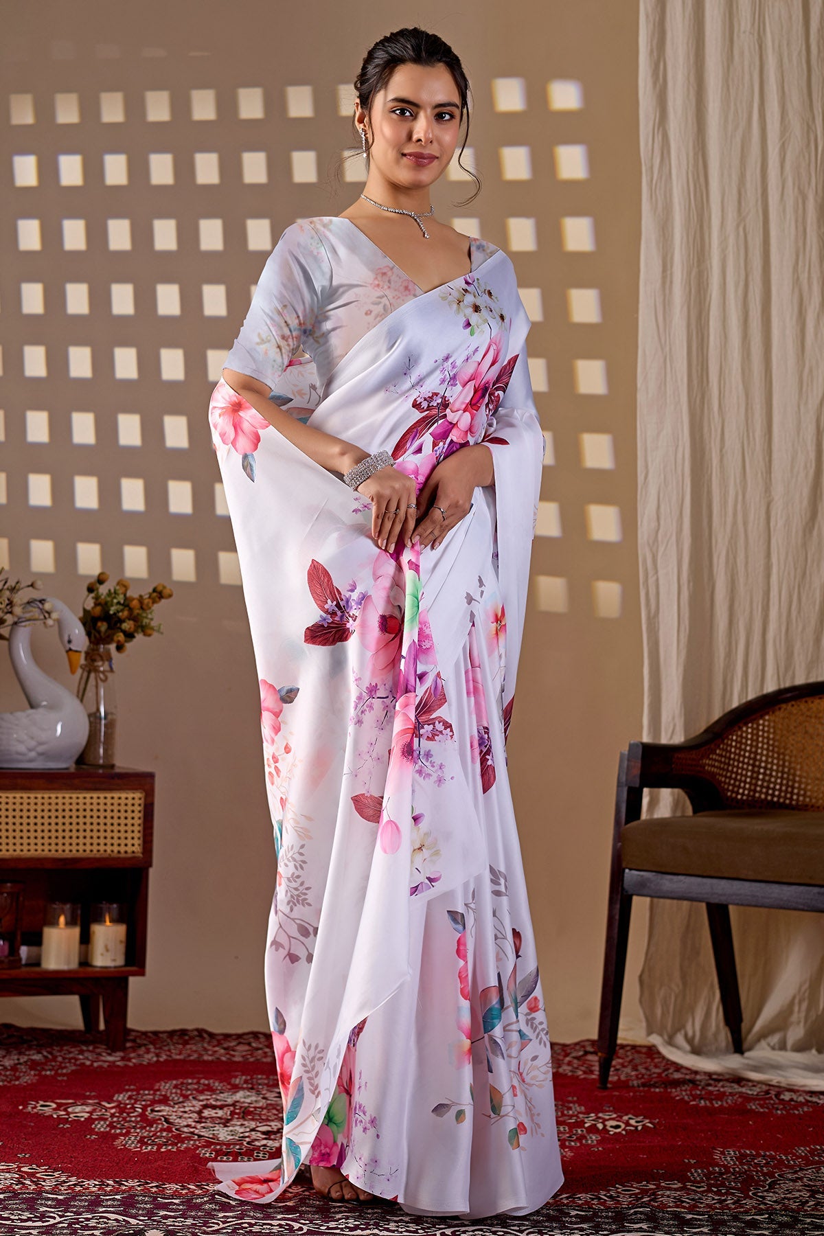 Buy White Soft Satin Digital Saree for women by Aastha Fashion online available at scrollnshops