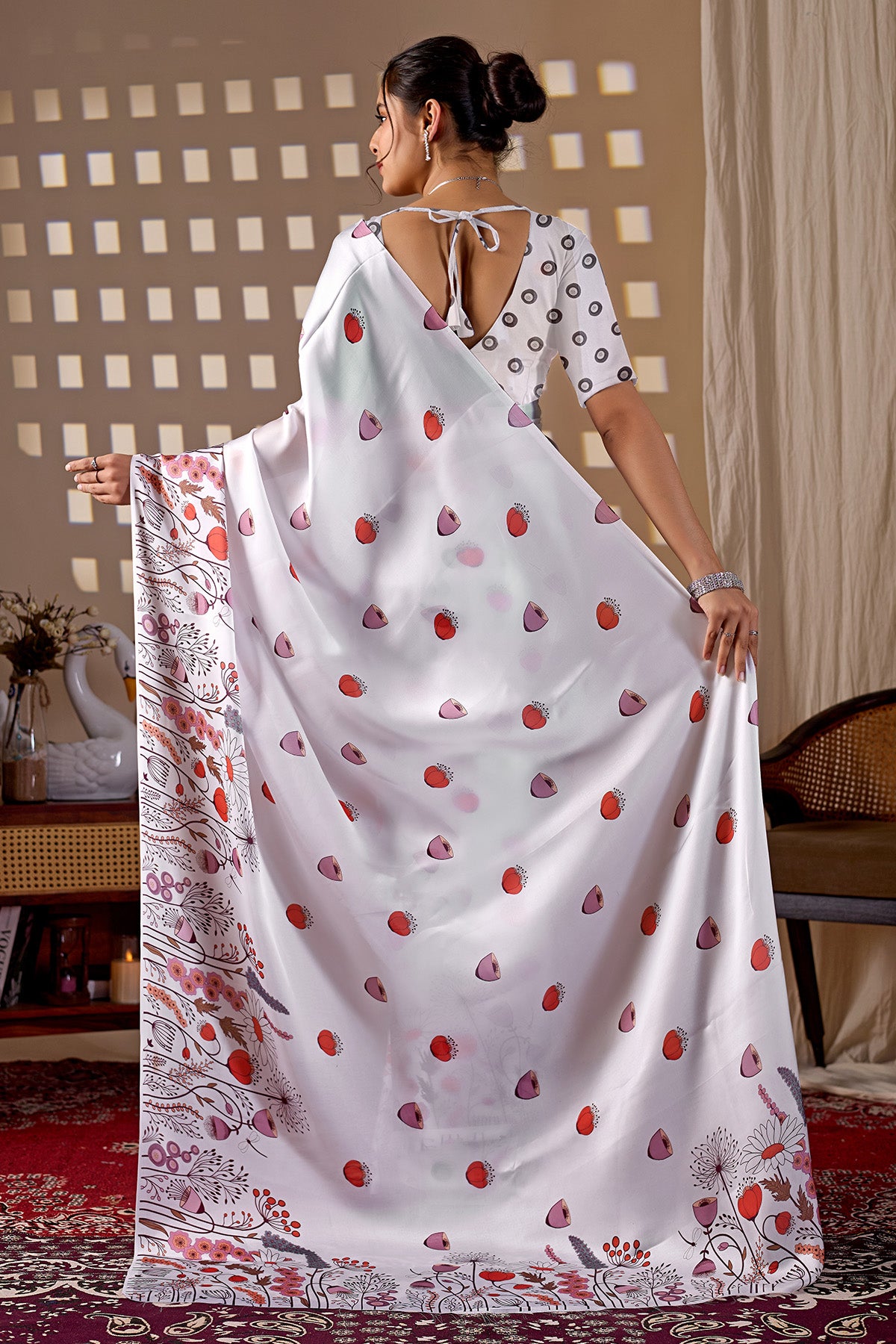 White Soft Satin Printed Saree
