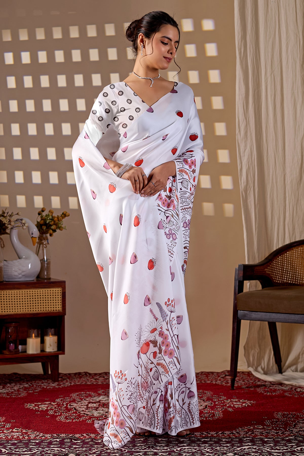 White Soft Satin Printed Saree