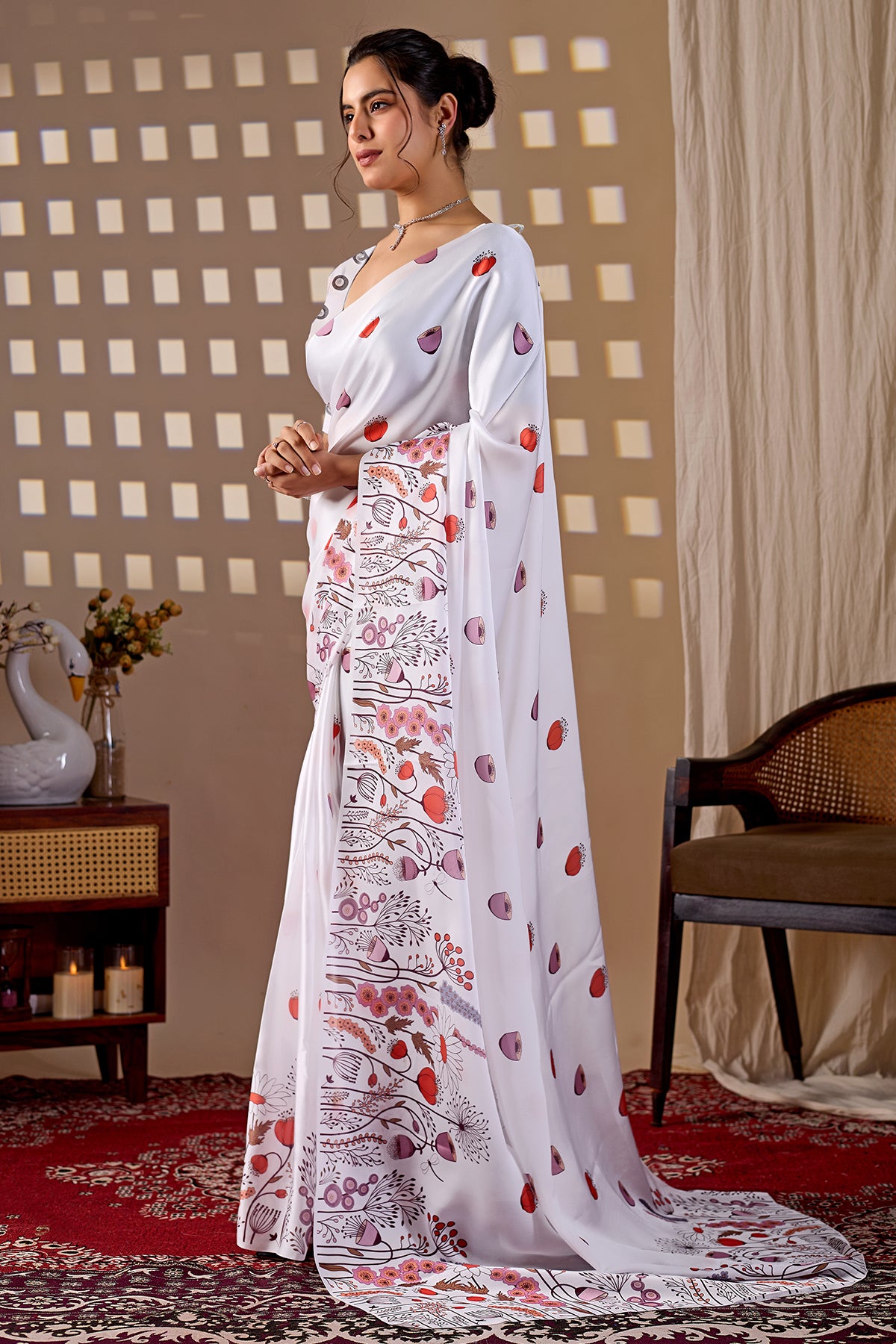 White Soft Satin Printed Saree
