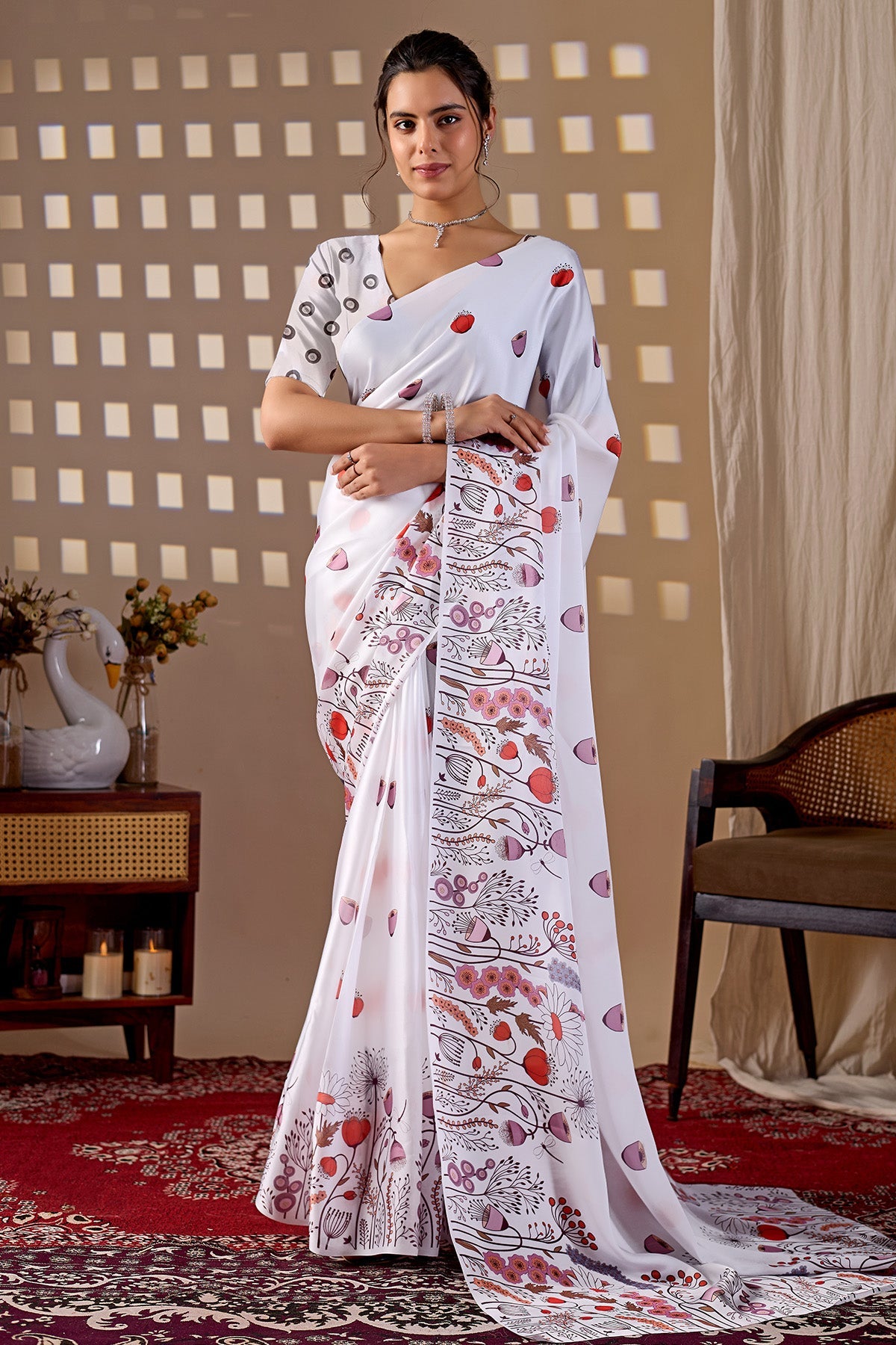 Buy White Soft Satin Printed Saree for women by Aastha Fashion online available at scrollnshops
