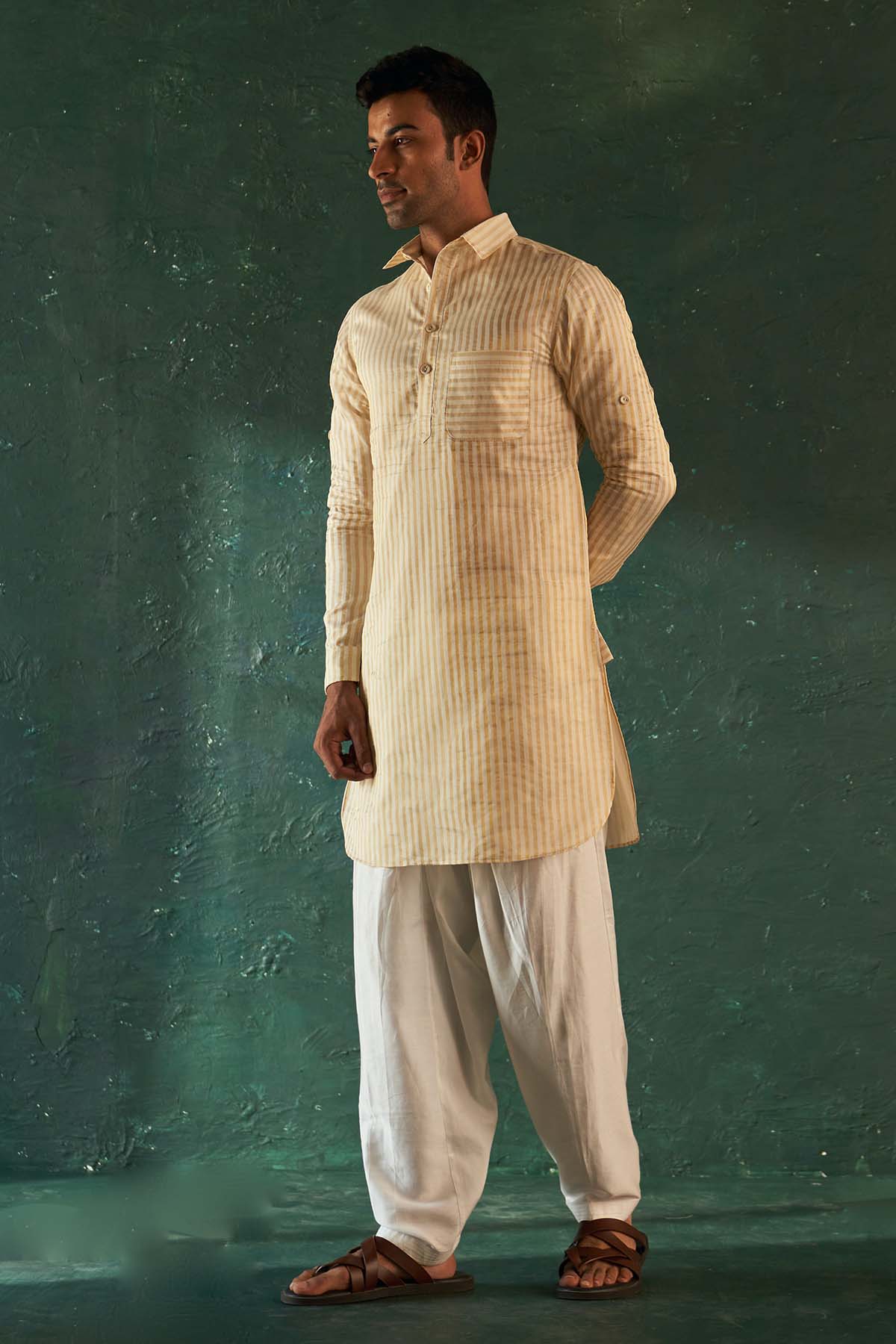 White Stripe Kurta Set & Jacket