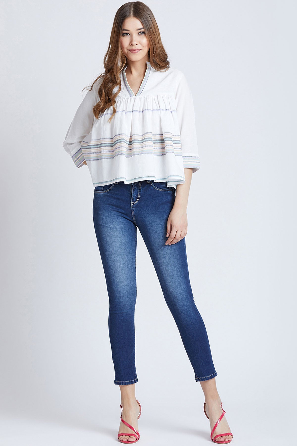 Buy White Striped Flare Cotton Top Online