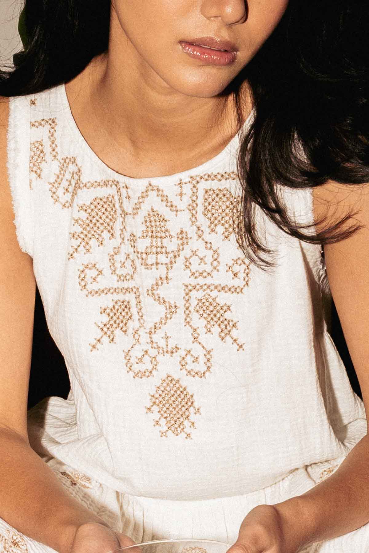 White Thread Embroidered Dress