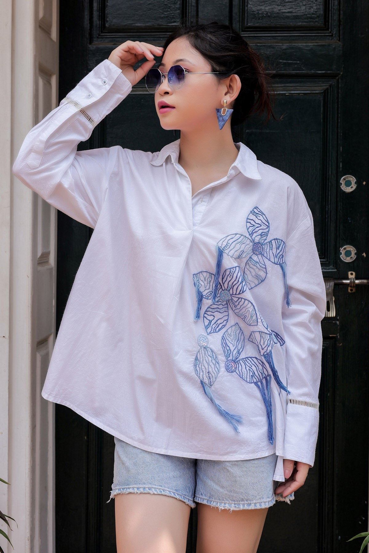 Buy White Thread Embroidered Shirt by OSKOS for women online at ScrollnShops