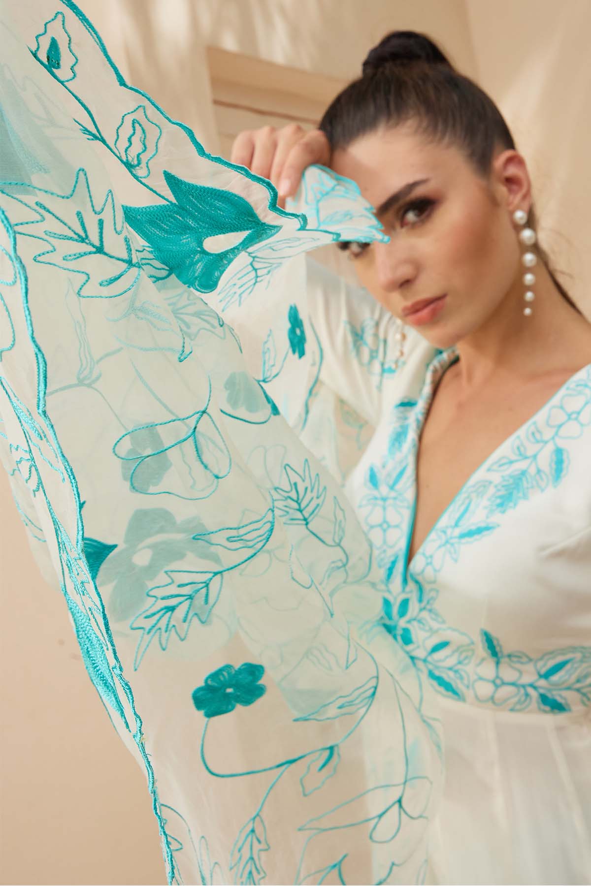 White Thread V-Neck Anarkali Set