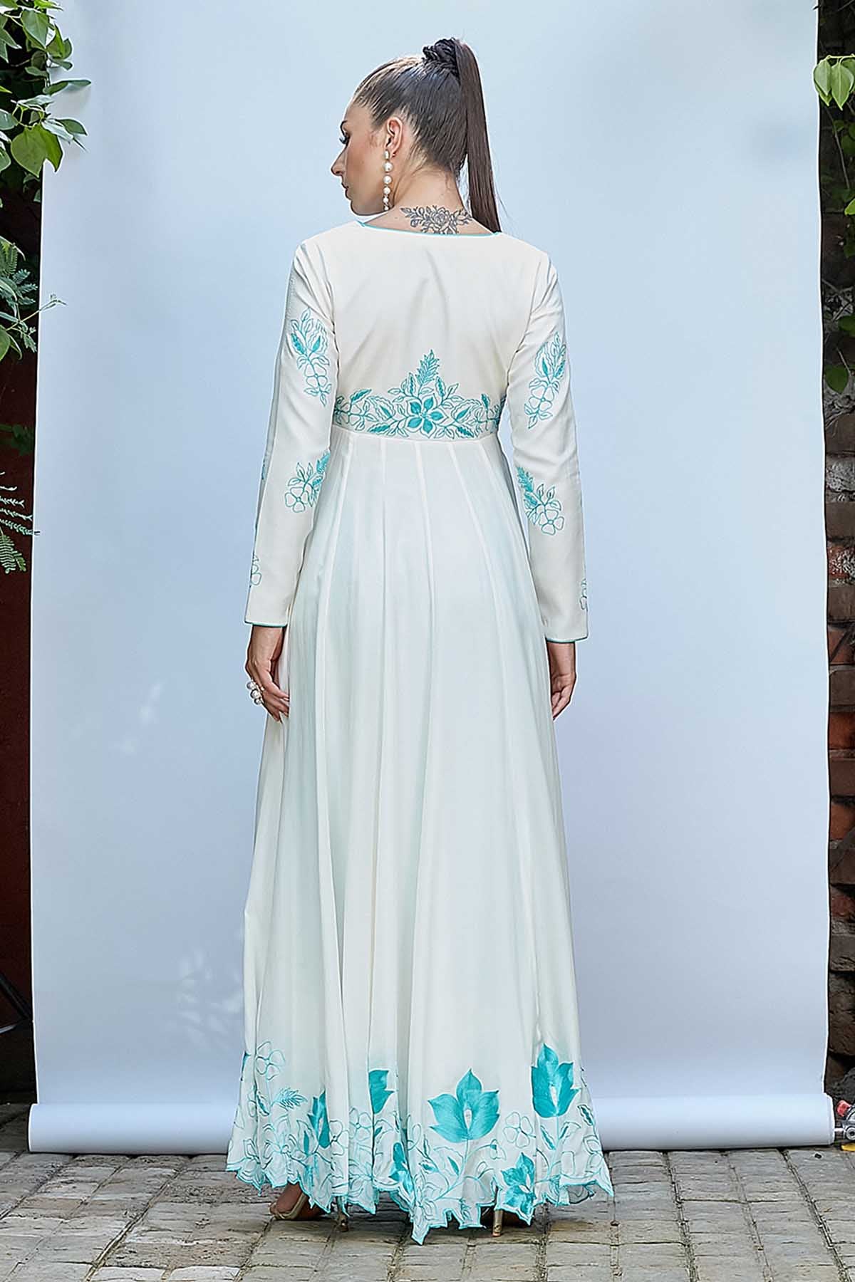 White Thread V-Neck Anarkali Set