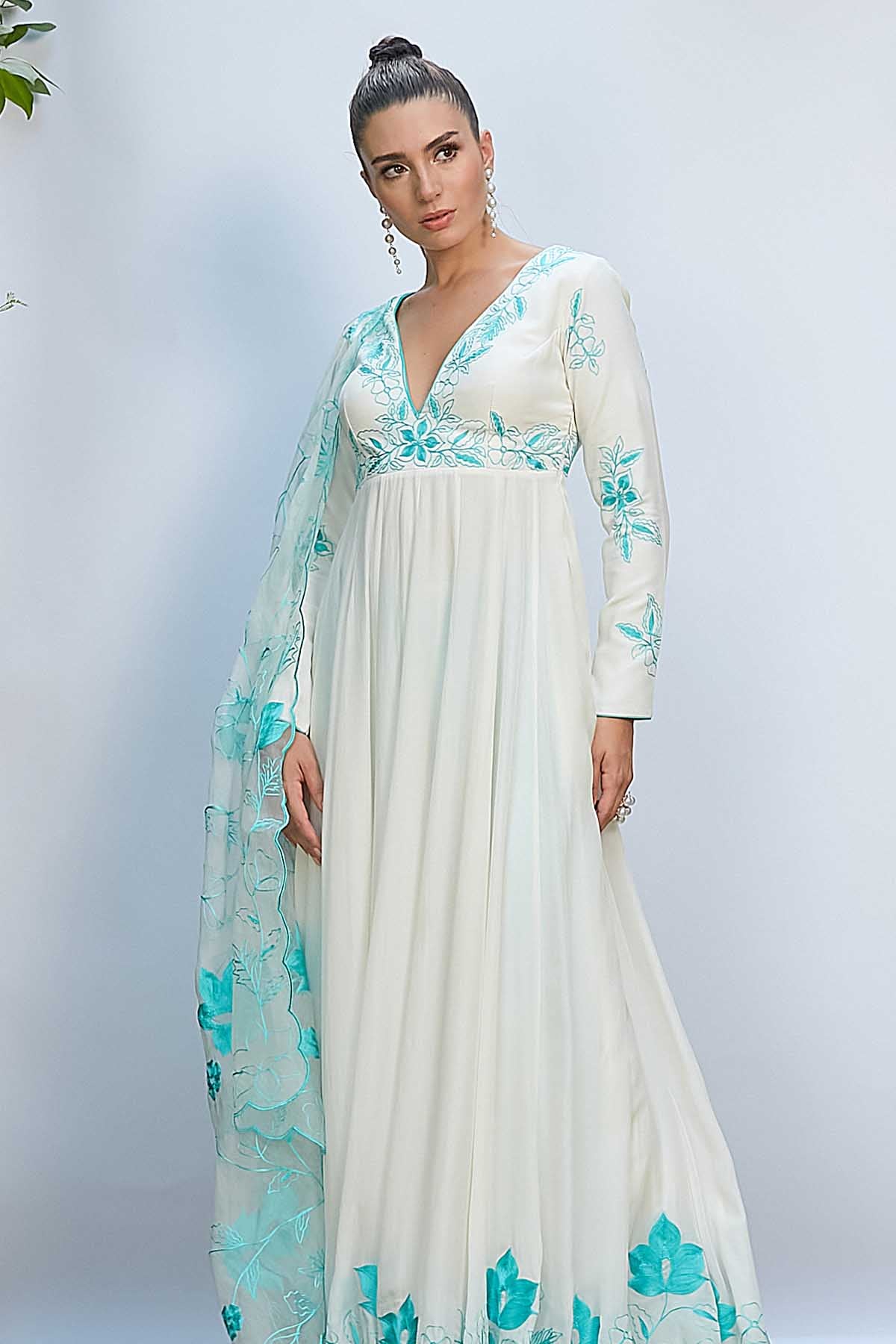 White Thread V-Neck Anarkali Set