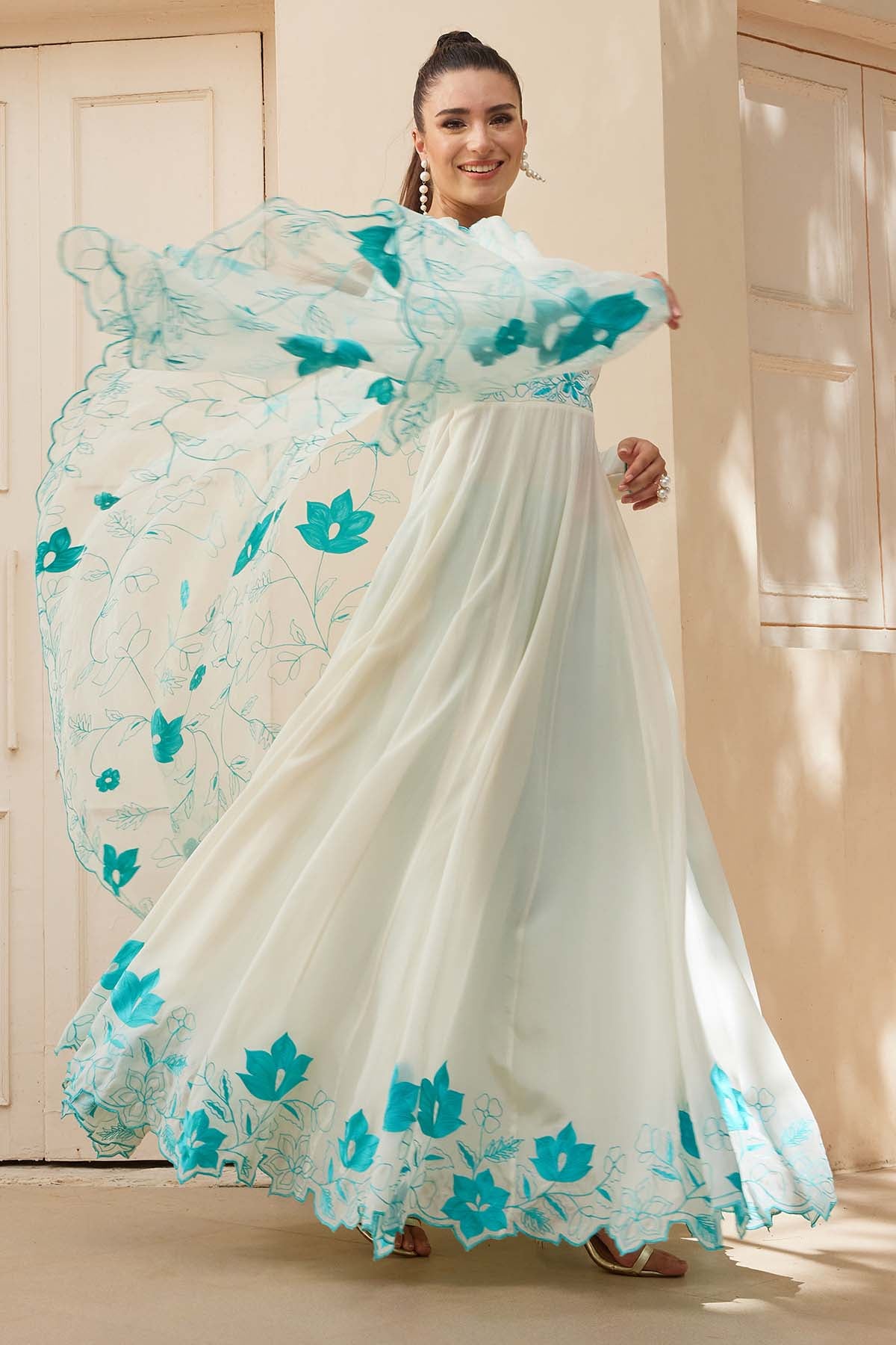 White Thread V-Neck Anarkali Set