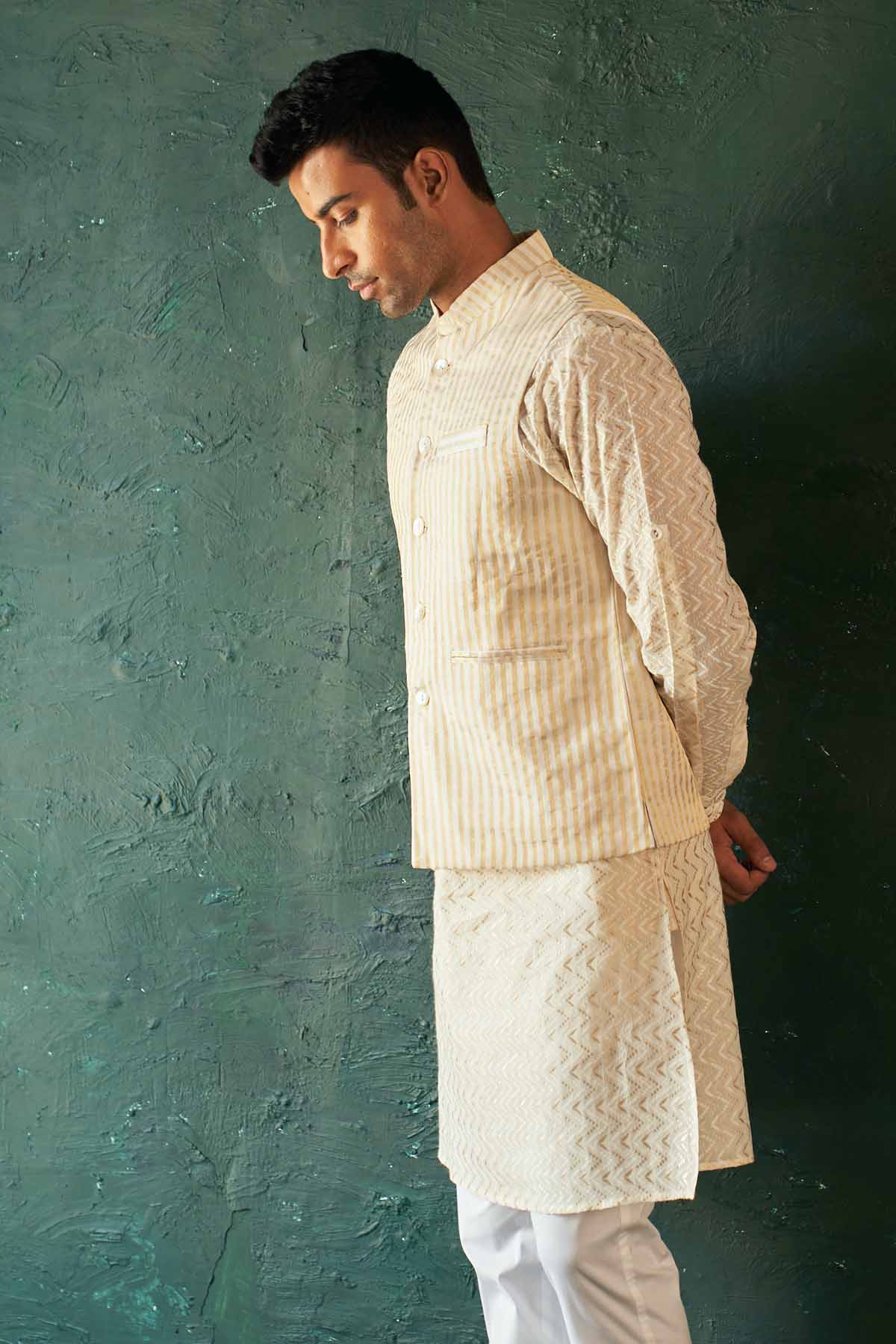 Buy White Thread Work Jacket Set by Charkhee for men online at ScrollnShops