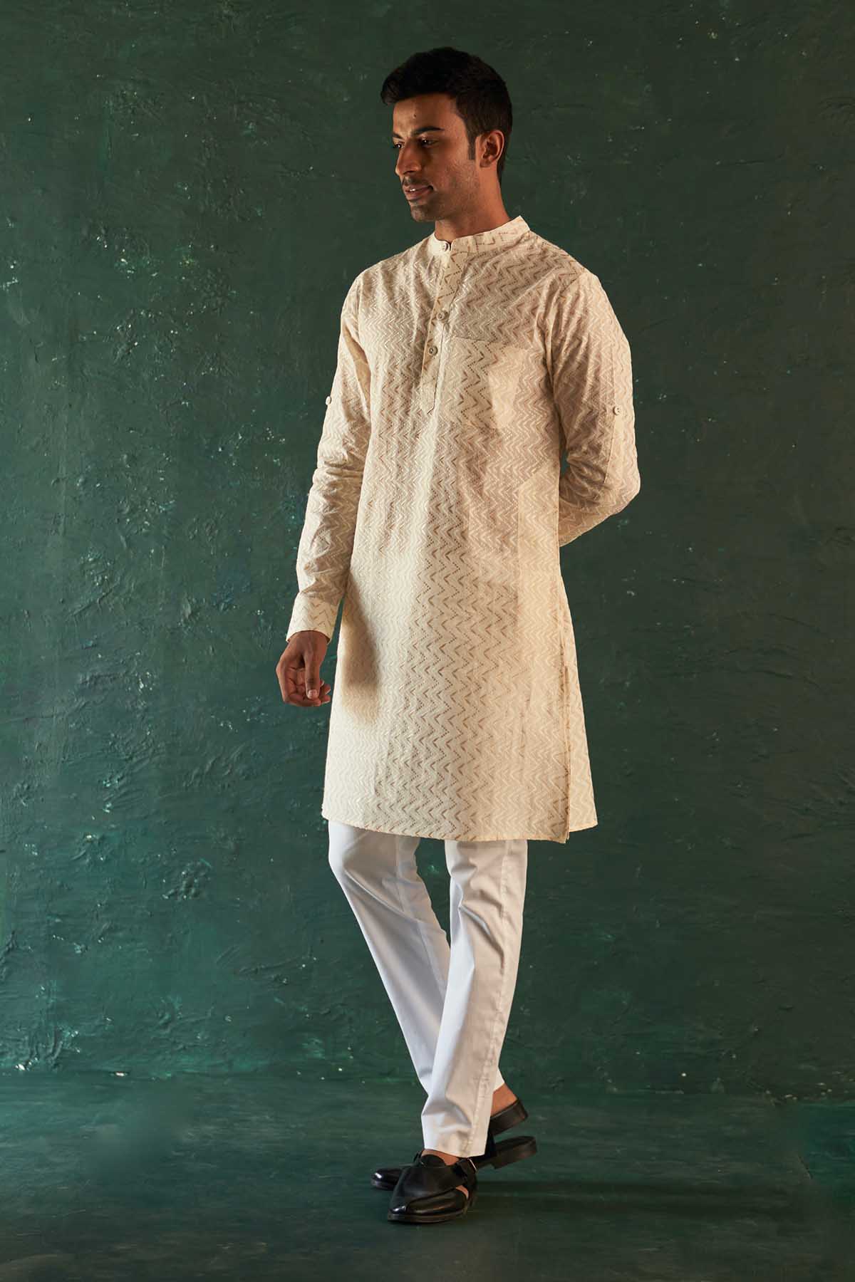 Buy White Thread Work Kurta Set by Charkhee for men online at ScrollnShops