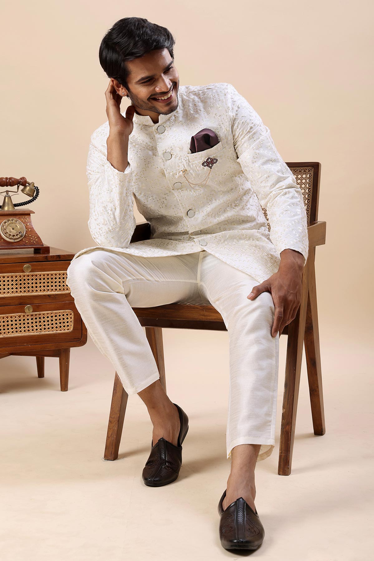 White Thread Work Sherwani Set