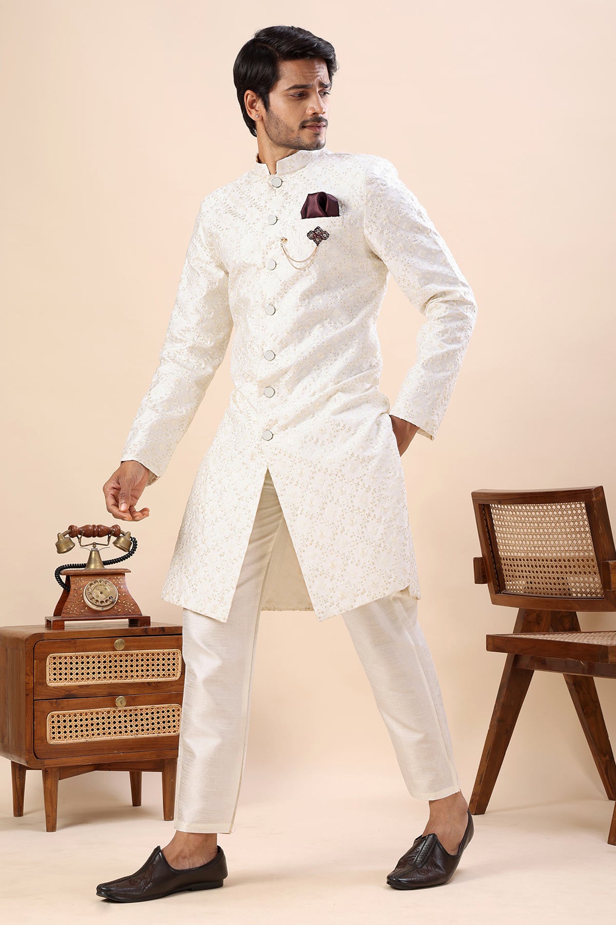 White Thread Work Sherwani Set