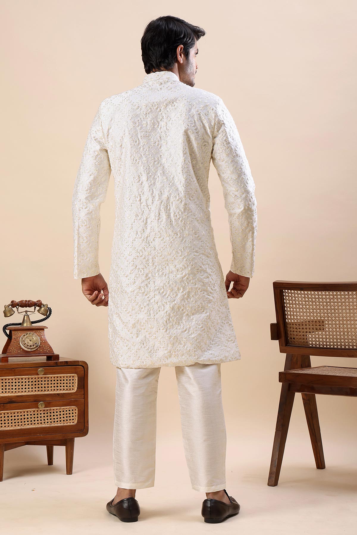 White Thread Work Sherwani Set