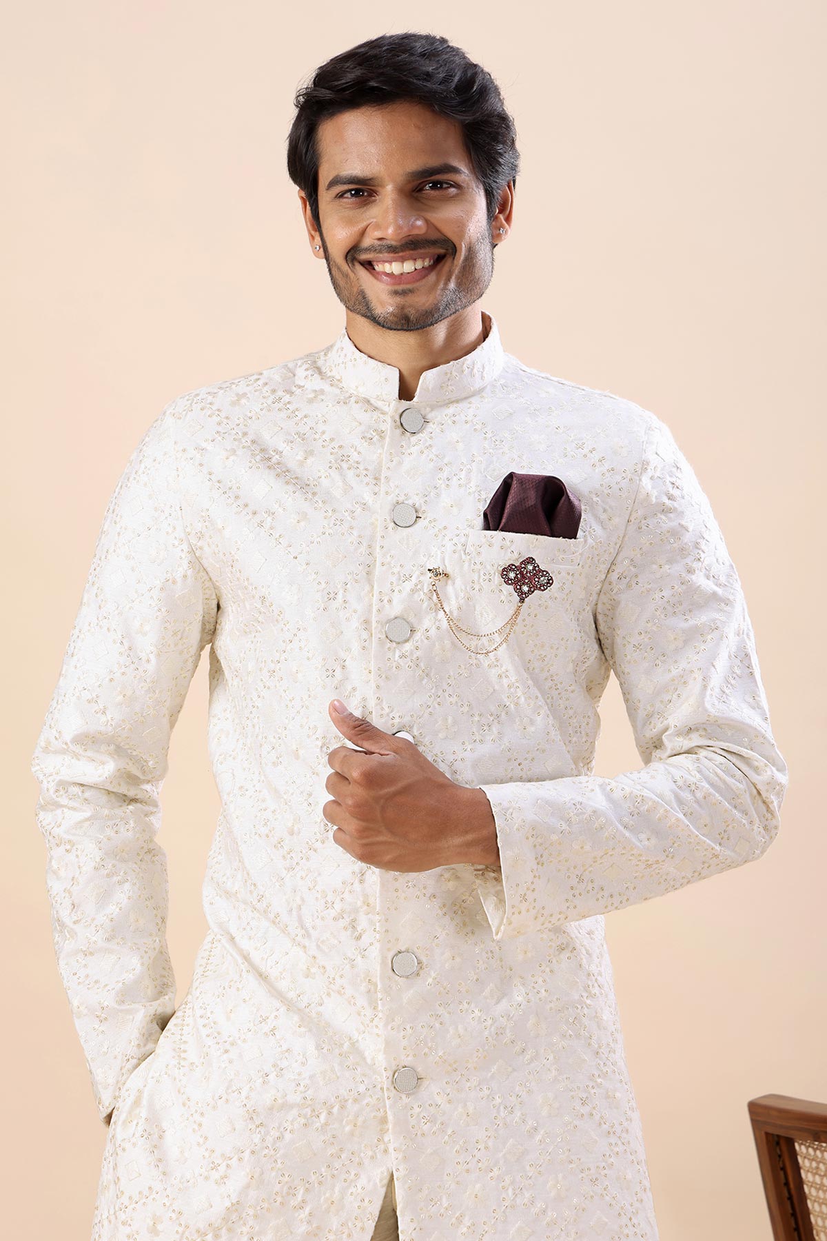 White Thread Work Sherwani Set