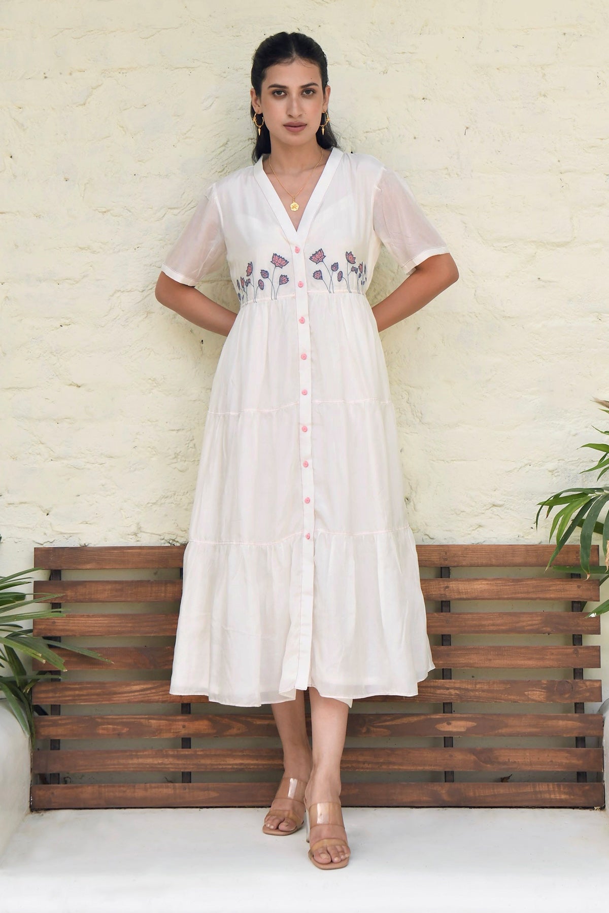 Buy White Tiered Midi Shirt Dress by Taro India for Women online at ScrollnShops
