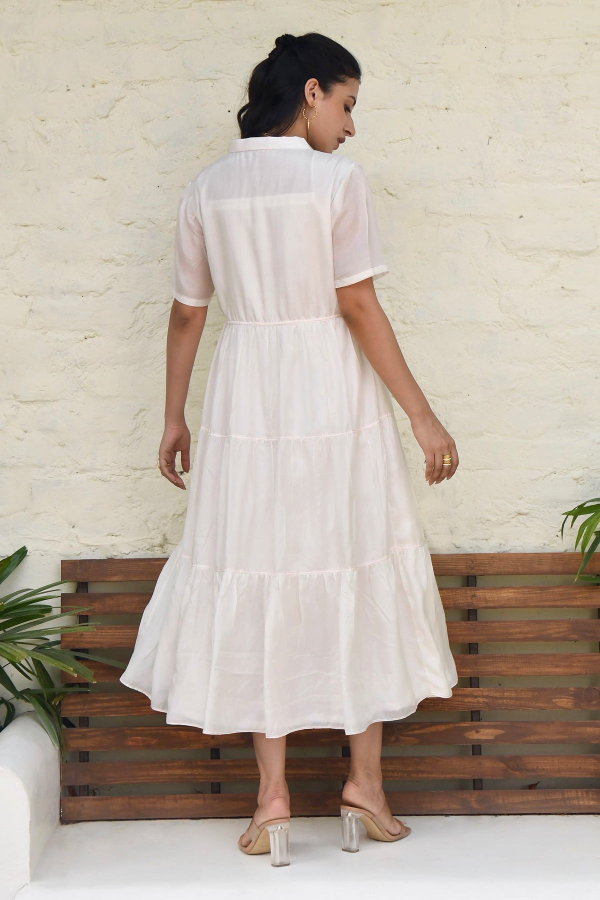 White Tiered Midi Shirt Dress