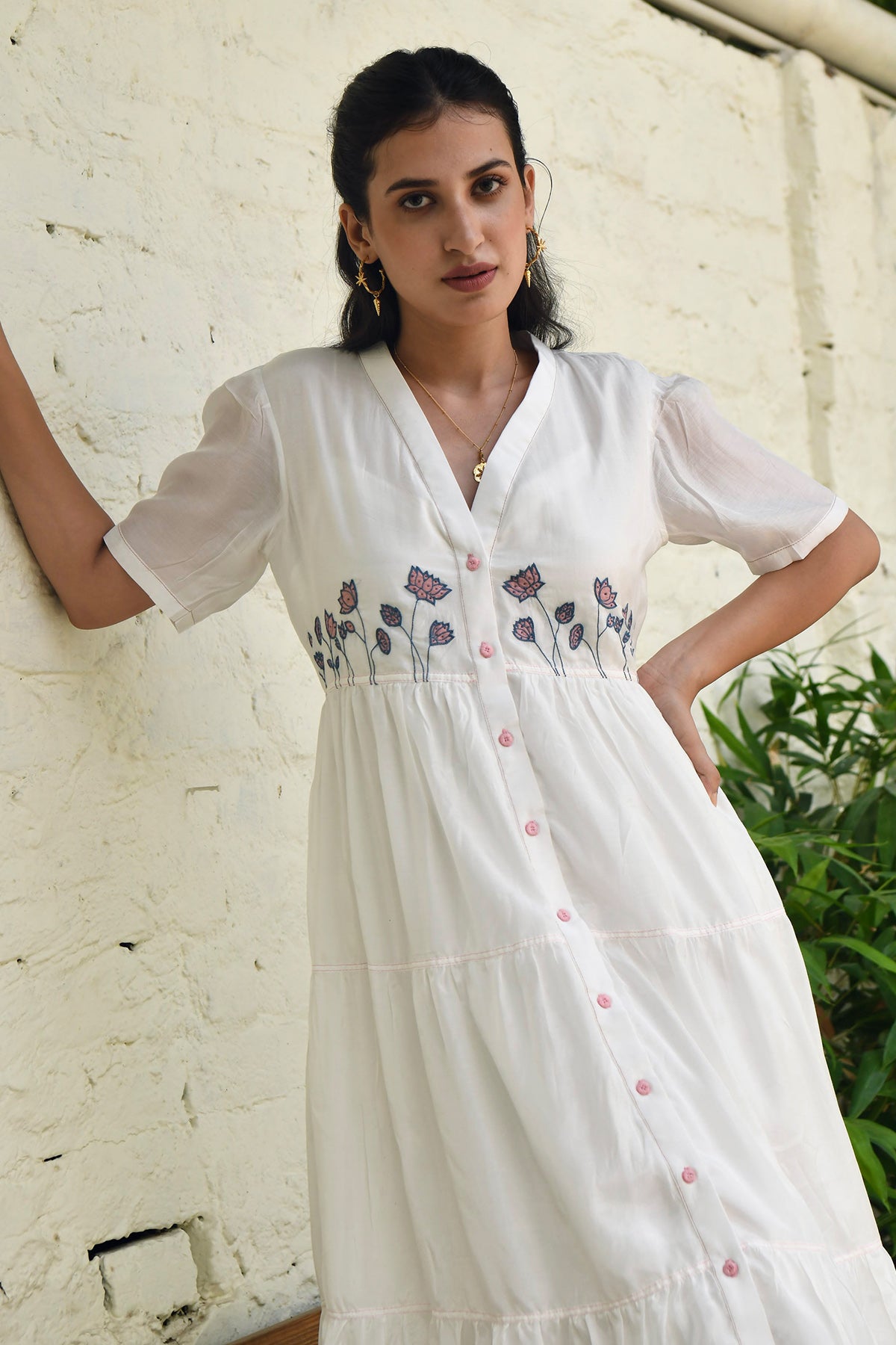 White Tiered Midi Shirt Dress