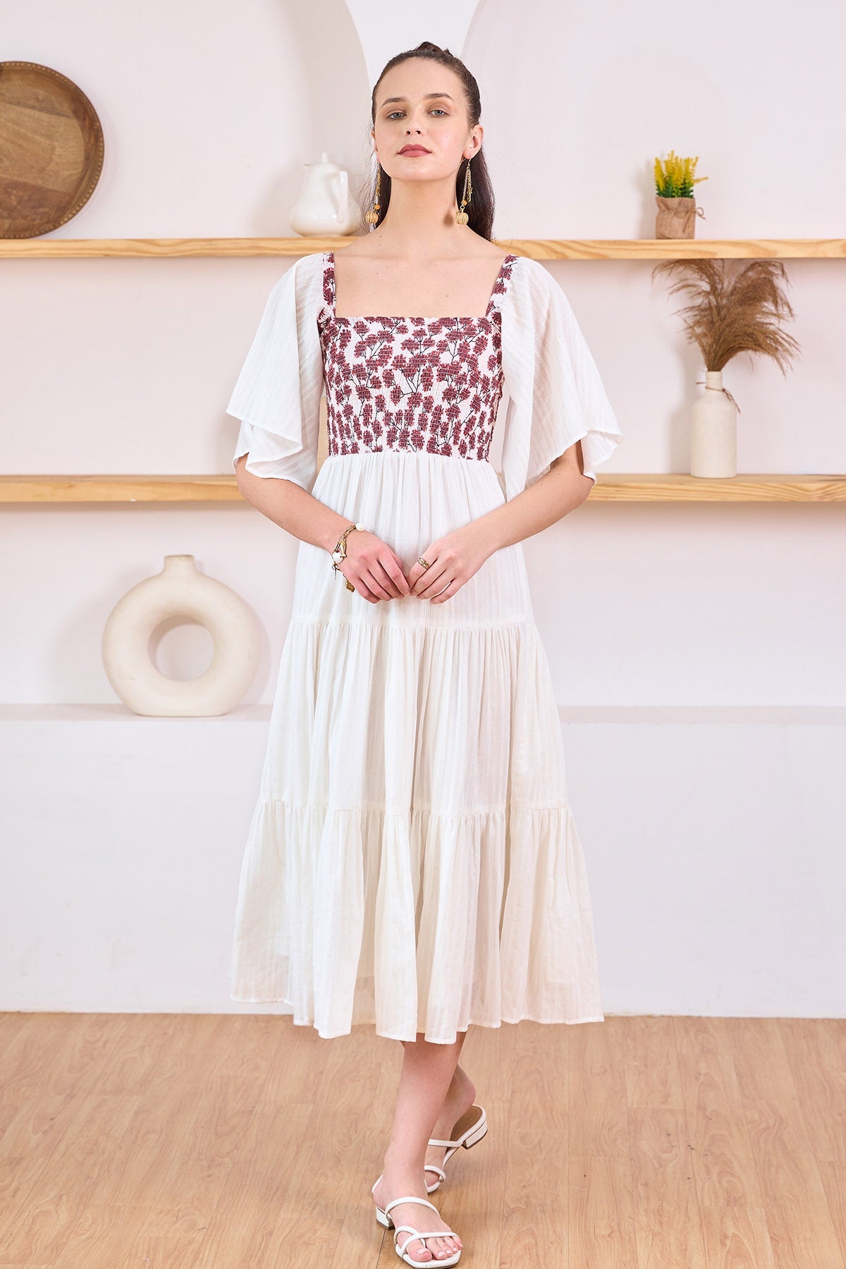 Buy White Tiered Printed Midi Dress for Women by 97 Motifs Designer online available at scrollnshops