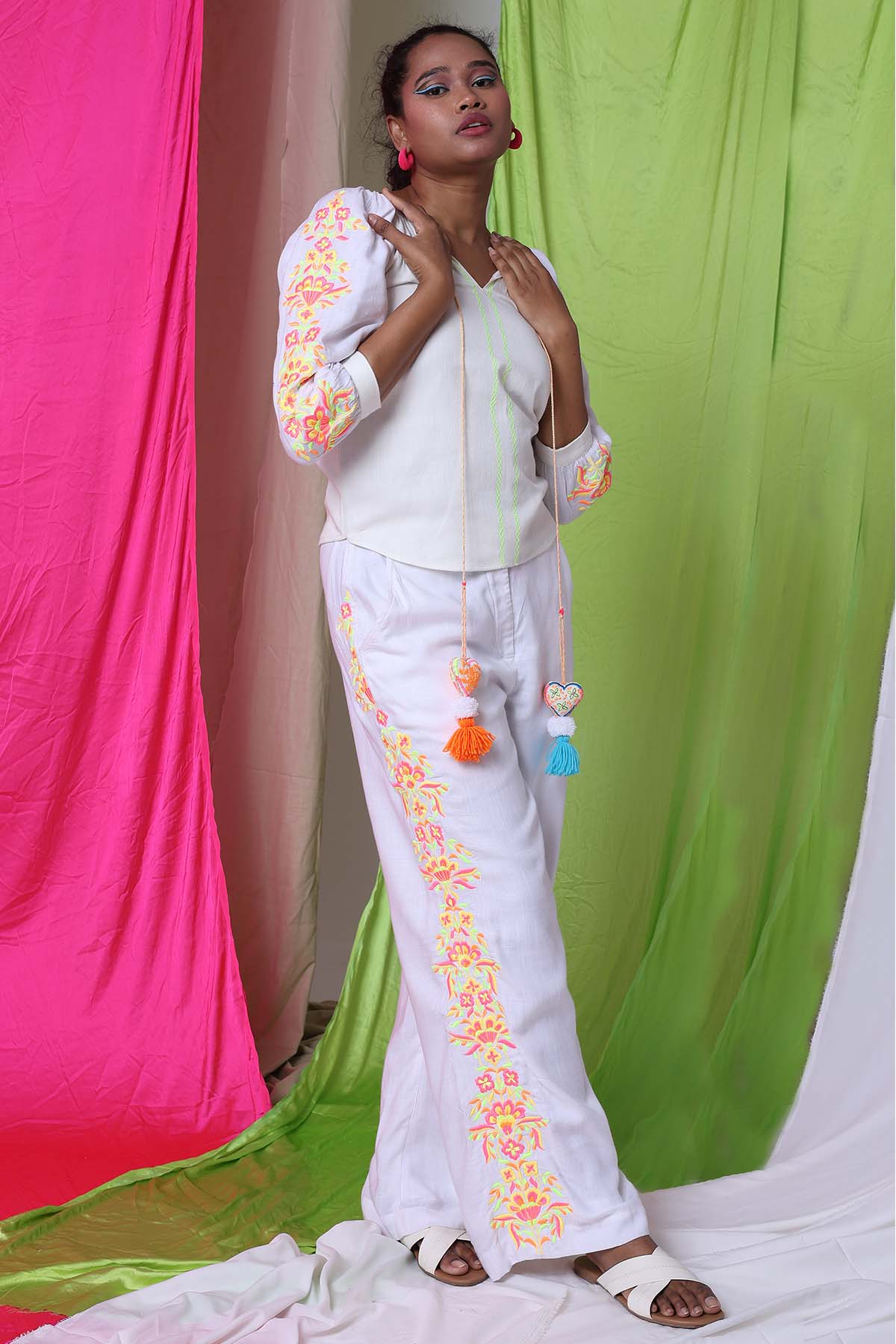 White Top & Embroidered Pants