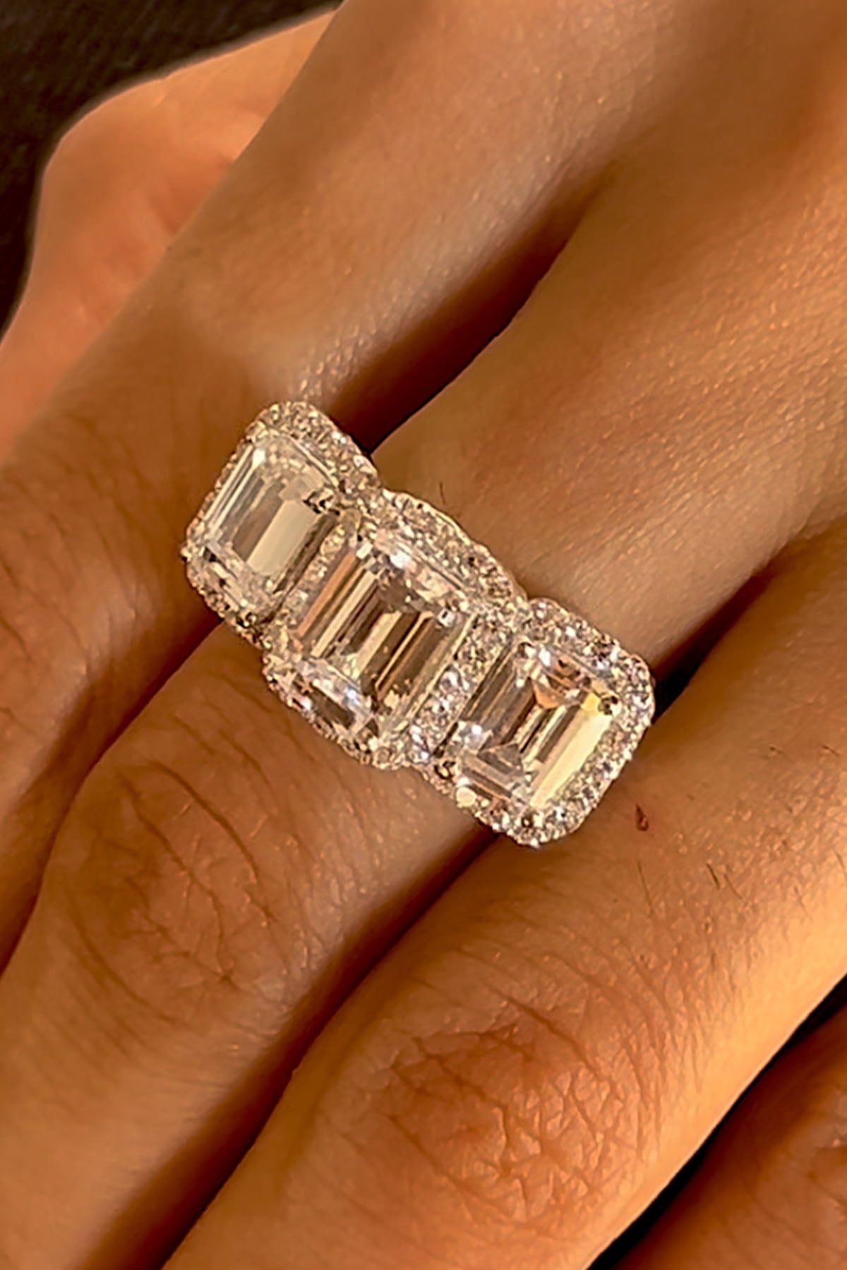 White Trio Stone Emerald Ring